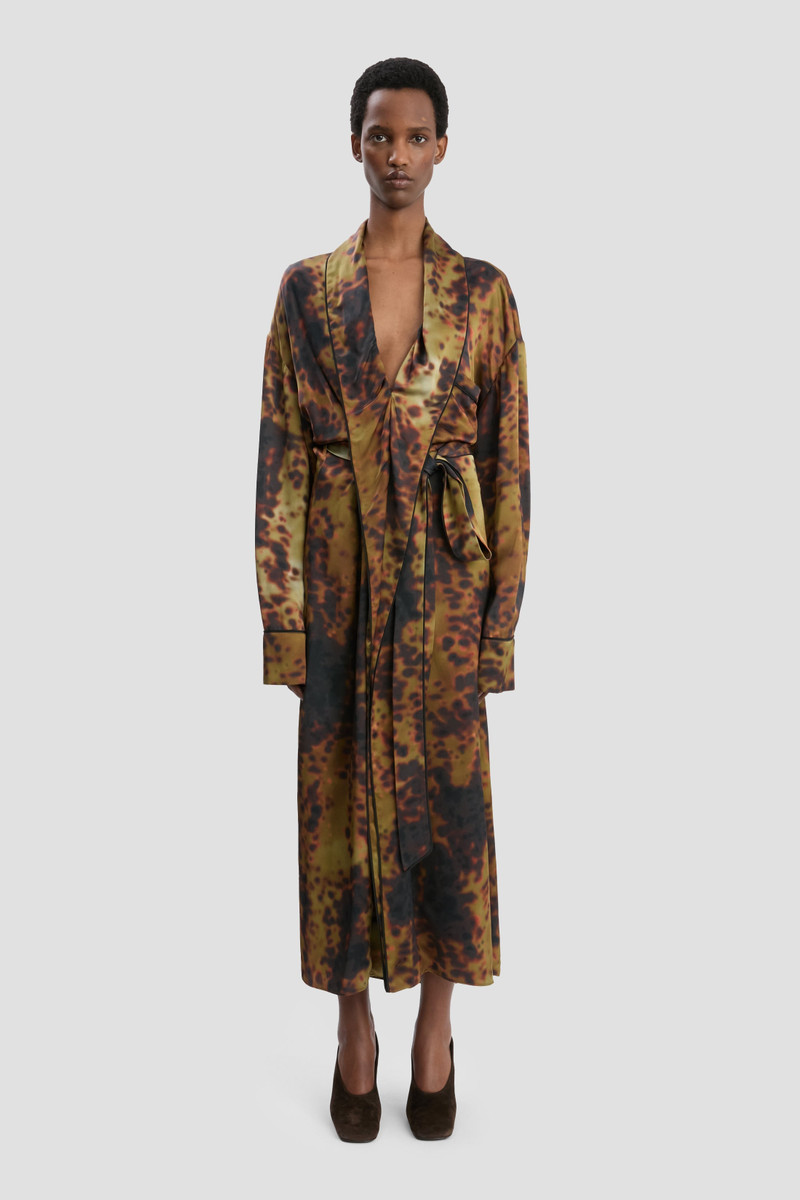 Victoria Beckham Wrap Detail Midi Dress In Olive Brown Print outlook