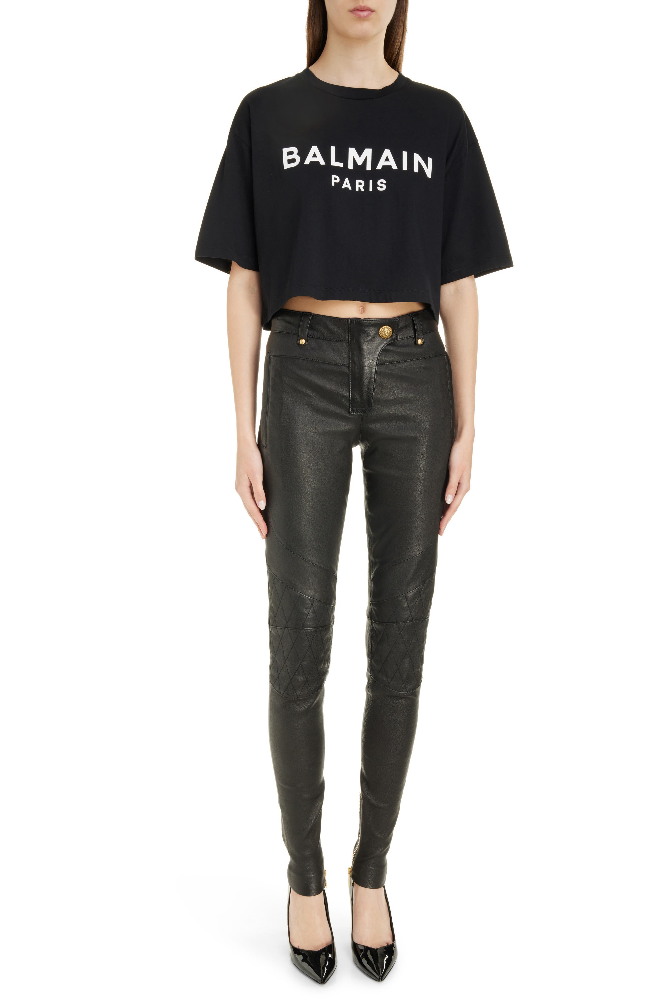 Balmain Logo Crop Cotton Graphic T-Shirt in Eab Black/White at Nordstrom - 2