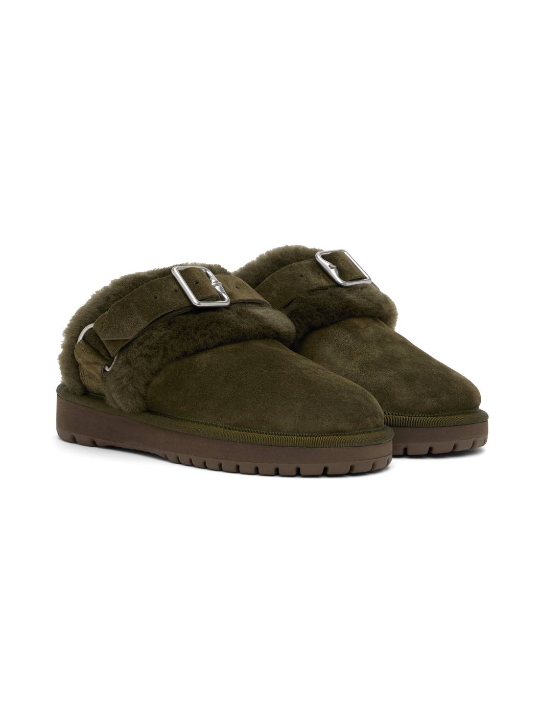 Green Suede & Shearling Chubby Slippers - 4