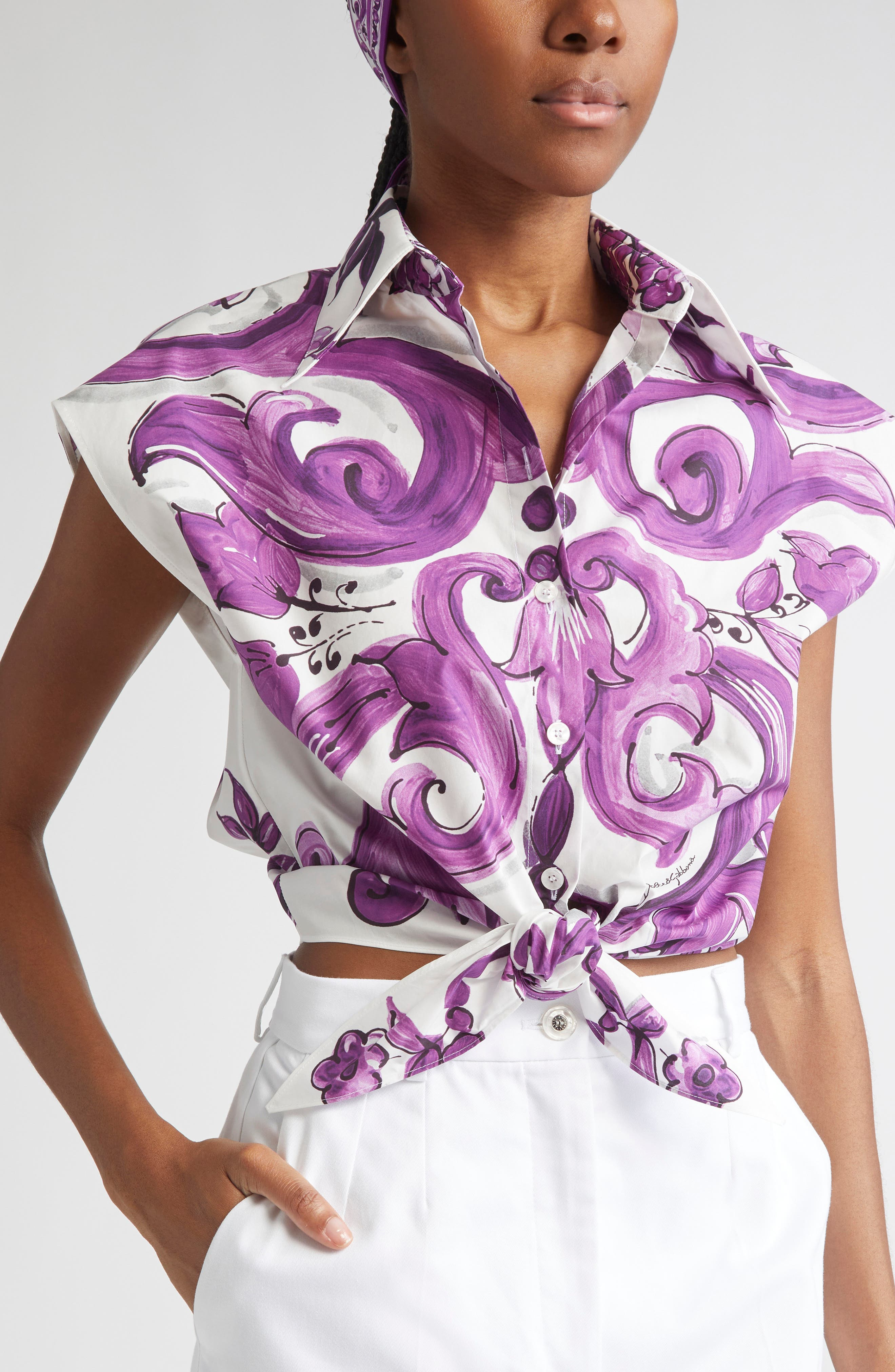 Dolce&Gabbana Majolica Print Cotton Poplin Shirt in Ip3Tn Mix Maiolica Viola at Nordstrom - 5