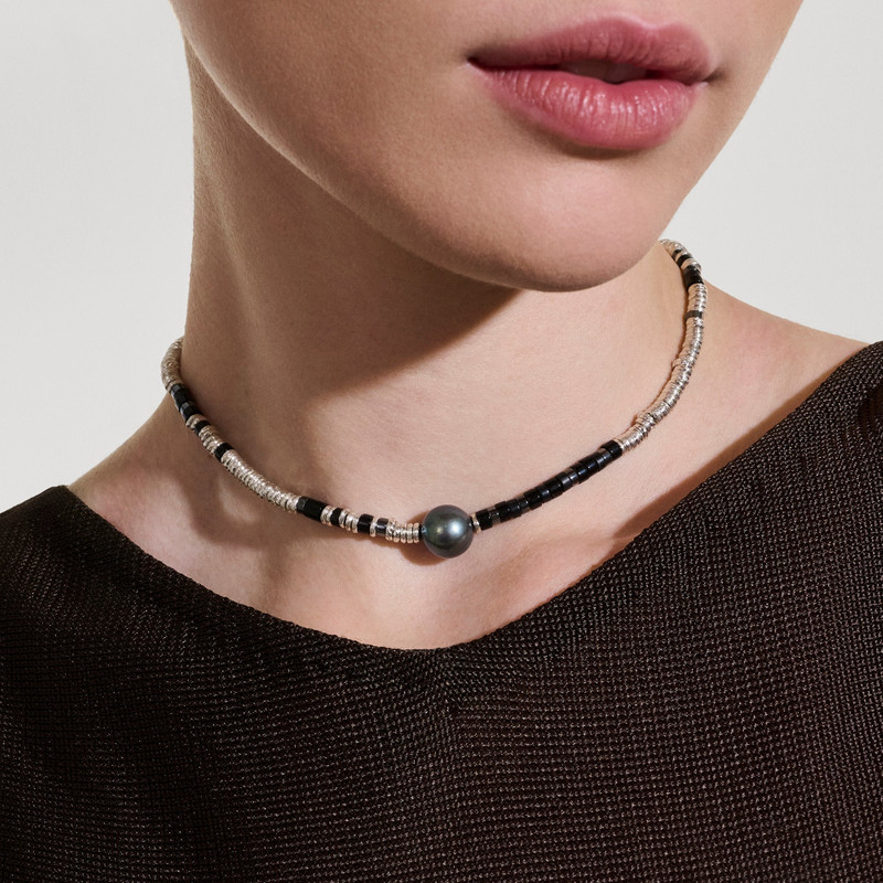 Heishi Necklace, Sterling Silver, Hardstones, Pearl 3