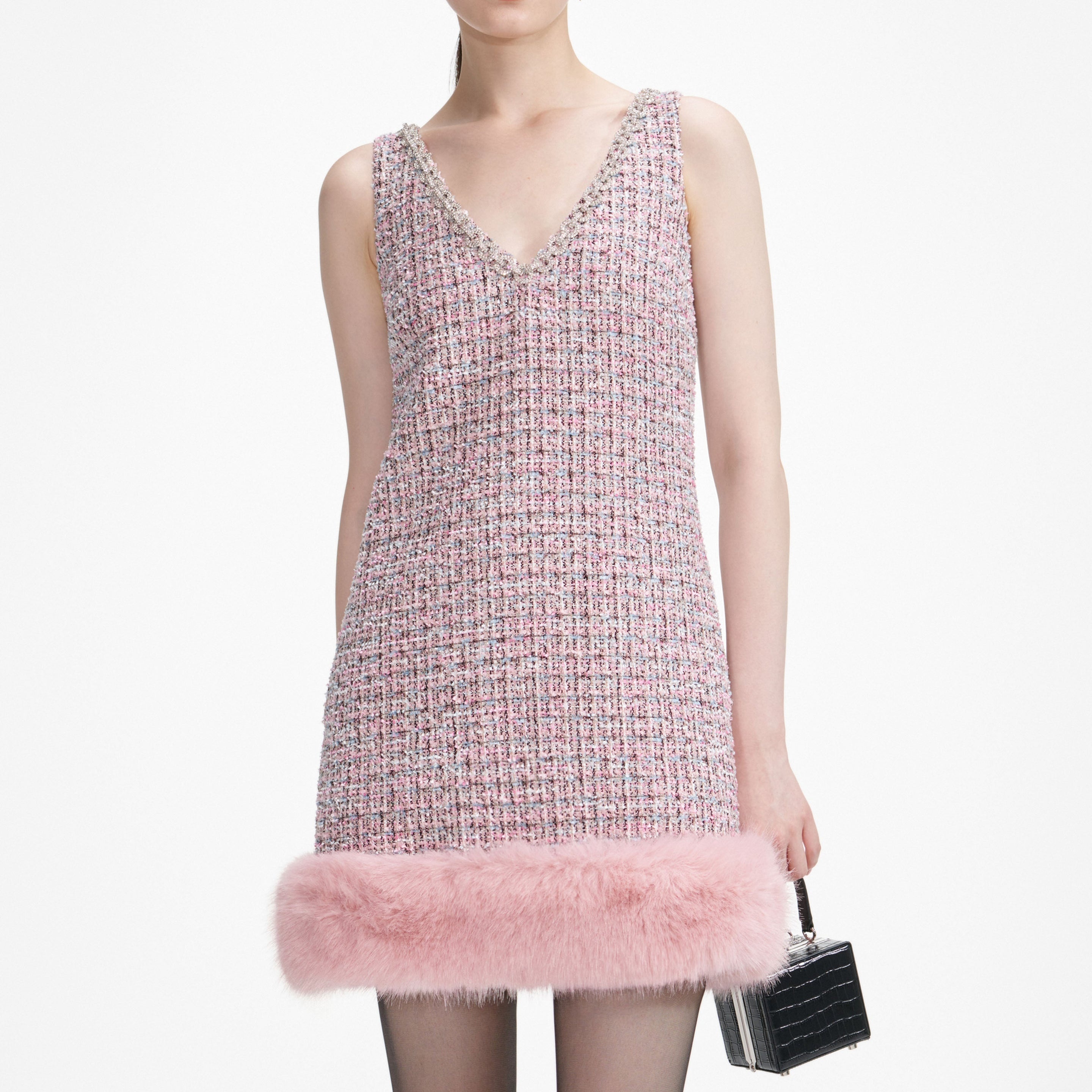 Pink Boucle Fur Hem Mini Dress - 4