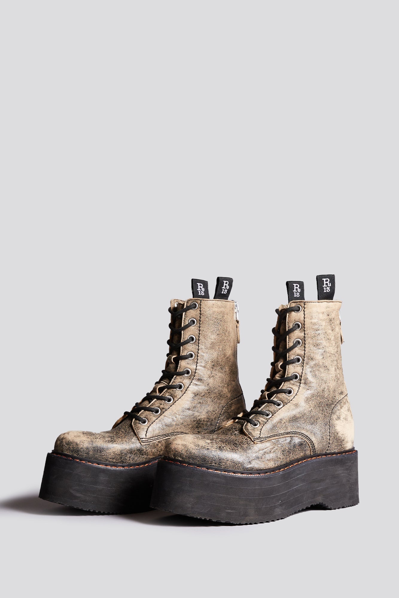DOUBLE STACK BOOTS (W/ VISIBLE GROMMETS = 9) - DISTRESSED BROWN - R13 - 4