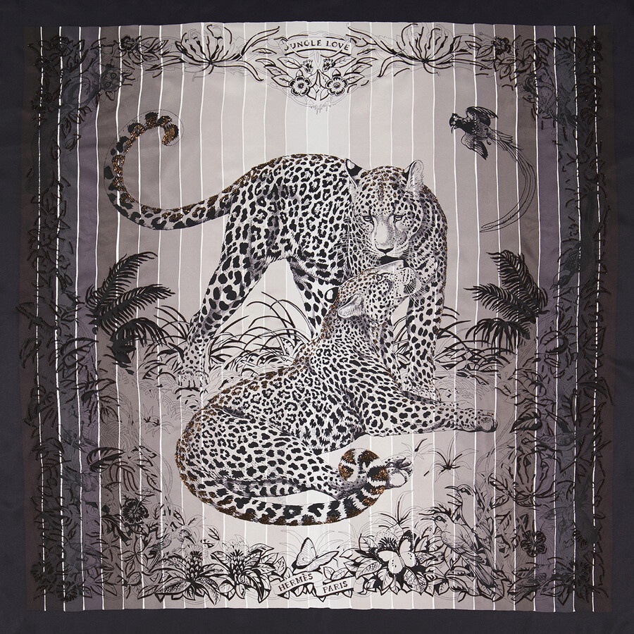 Hermes Ladies Black Jungle Love Rainbow 90 Embroidered Scarf - 4