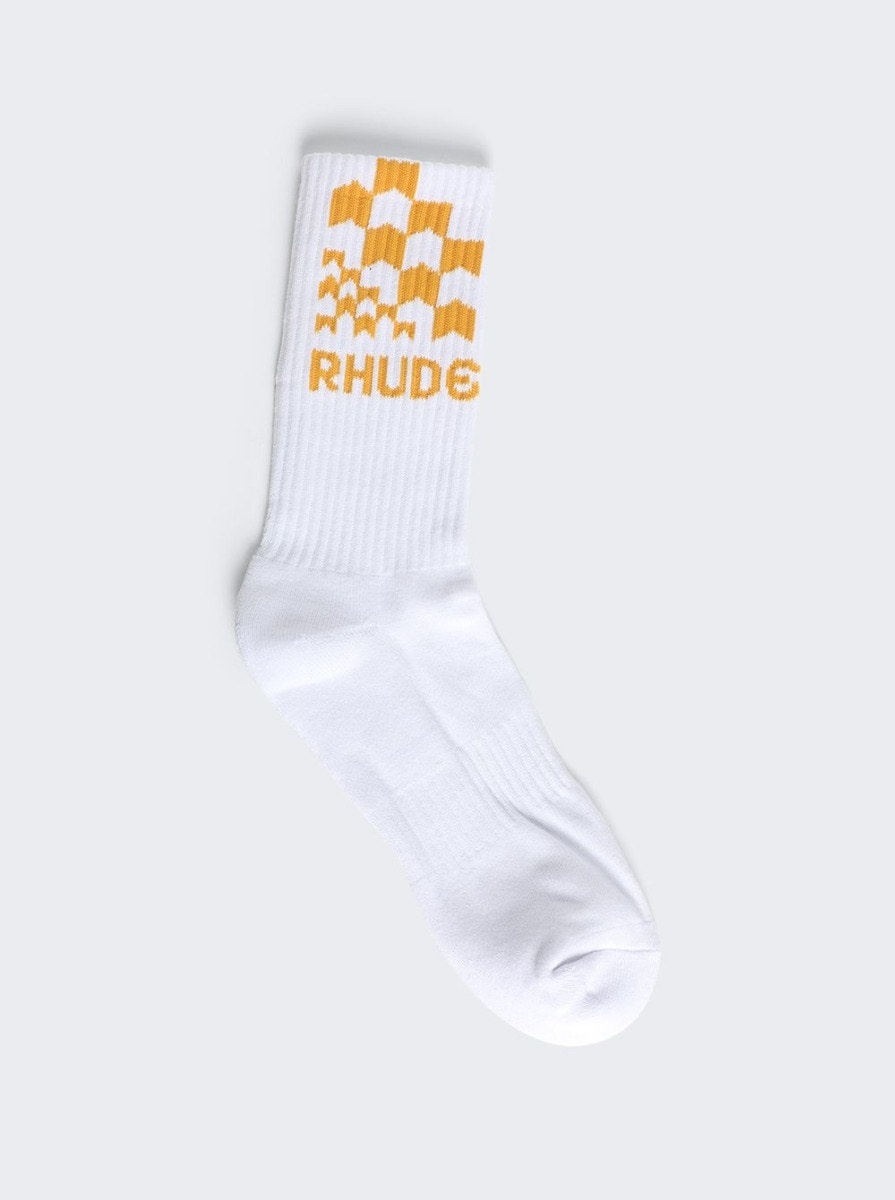 Racing Checker Socks White and Mustard - 2