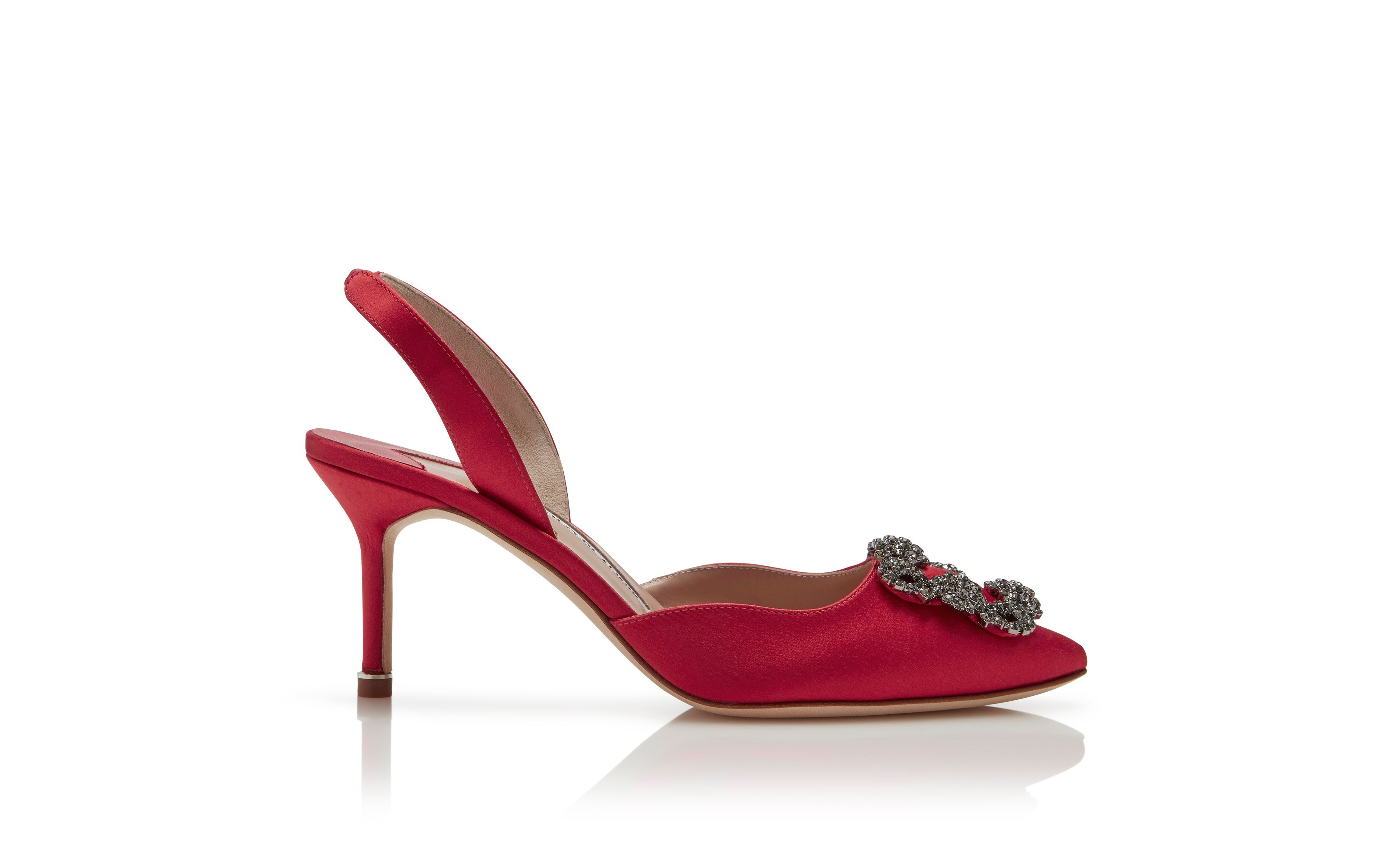 Red Satin Jewel Buckle Slingback Pumps - 1