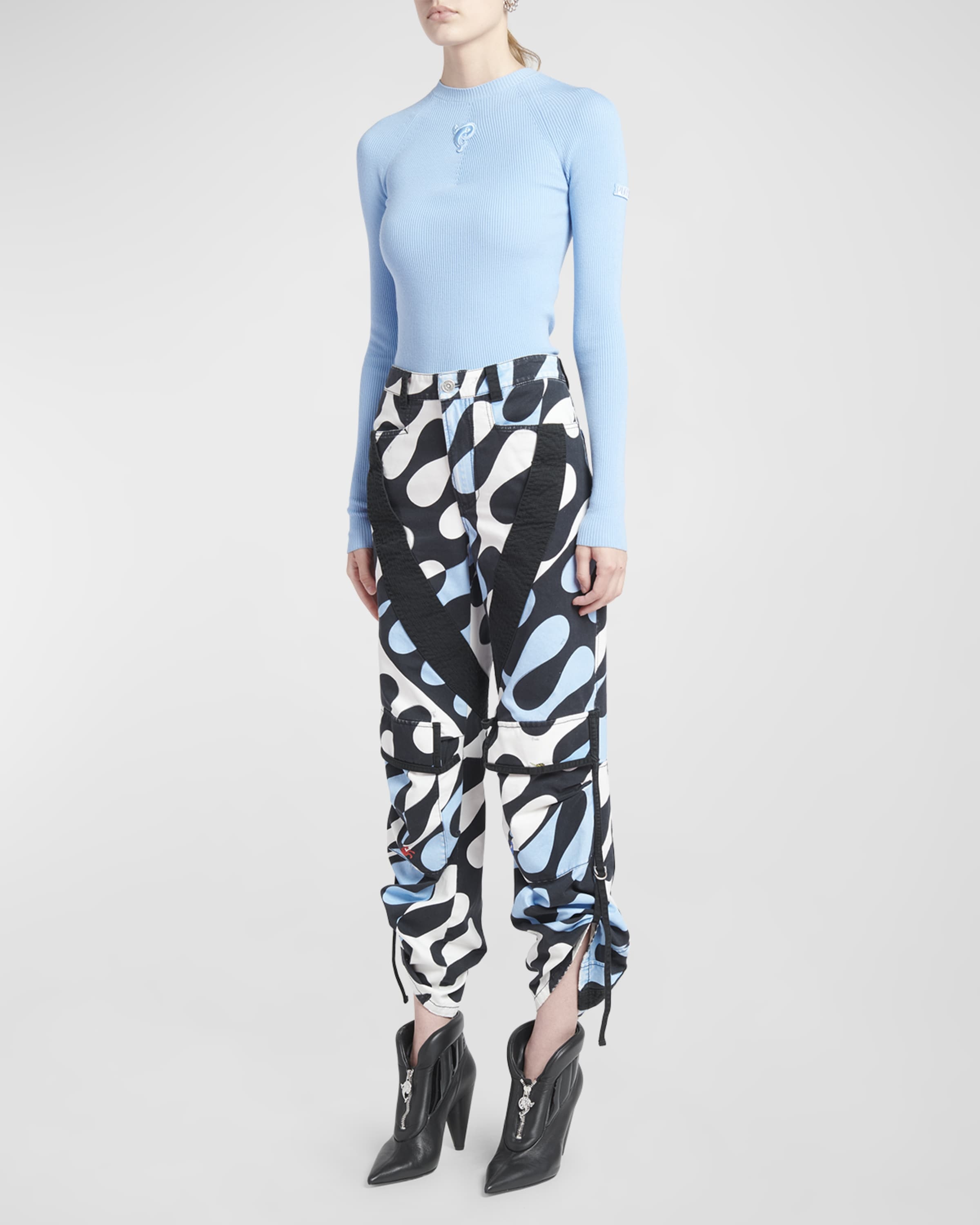 Mid-Rise Abstract-Print Straight-Leg Roll-Hem Cargo Trousers - 5