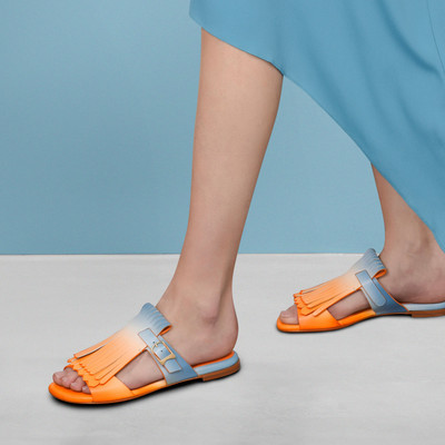 Santoni Women's orange and light blue leather Dua slide sandal with fringe outlook