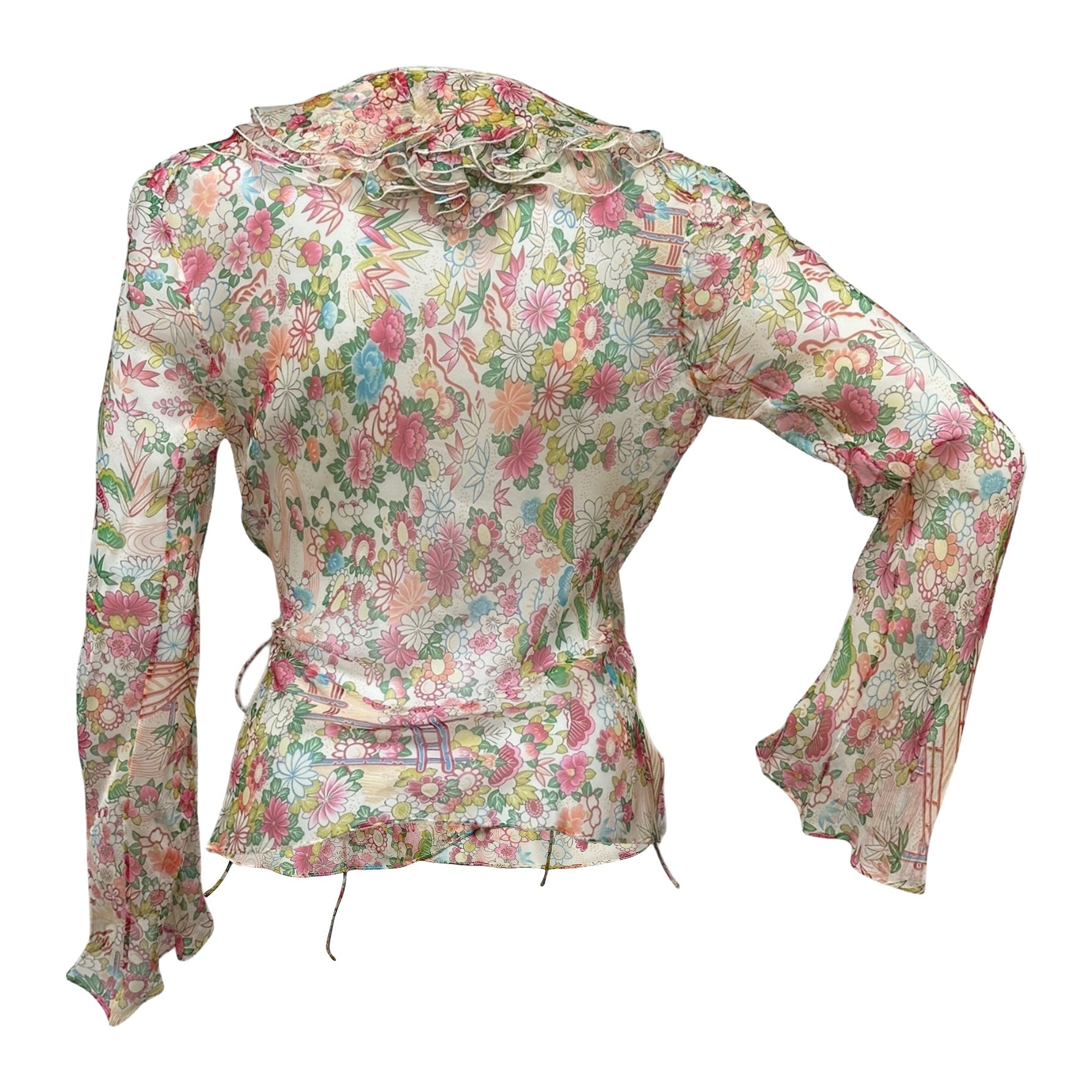 CHRISTIAN DIOR Spring Summer 2002 Floral Print Silk Chiffon Wrap Shirt - 2