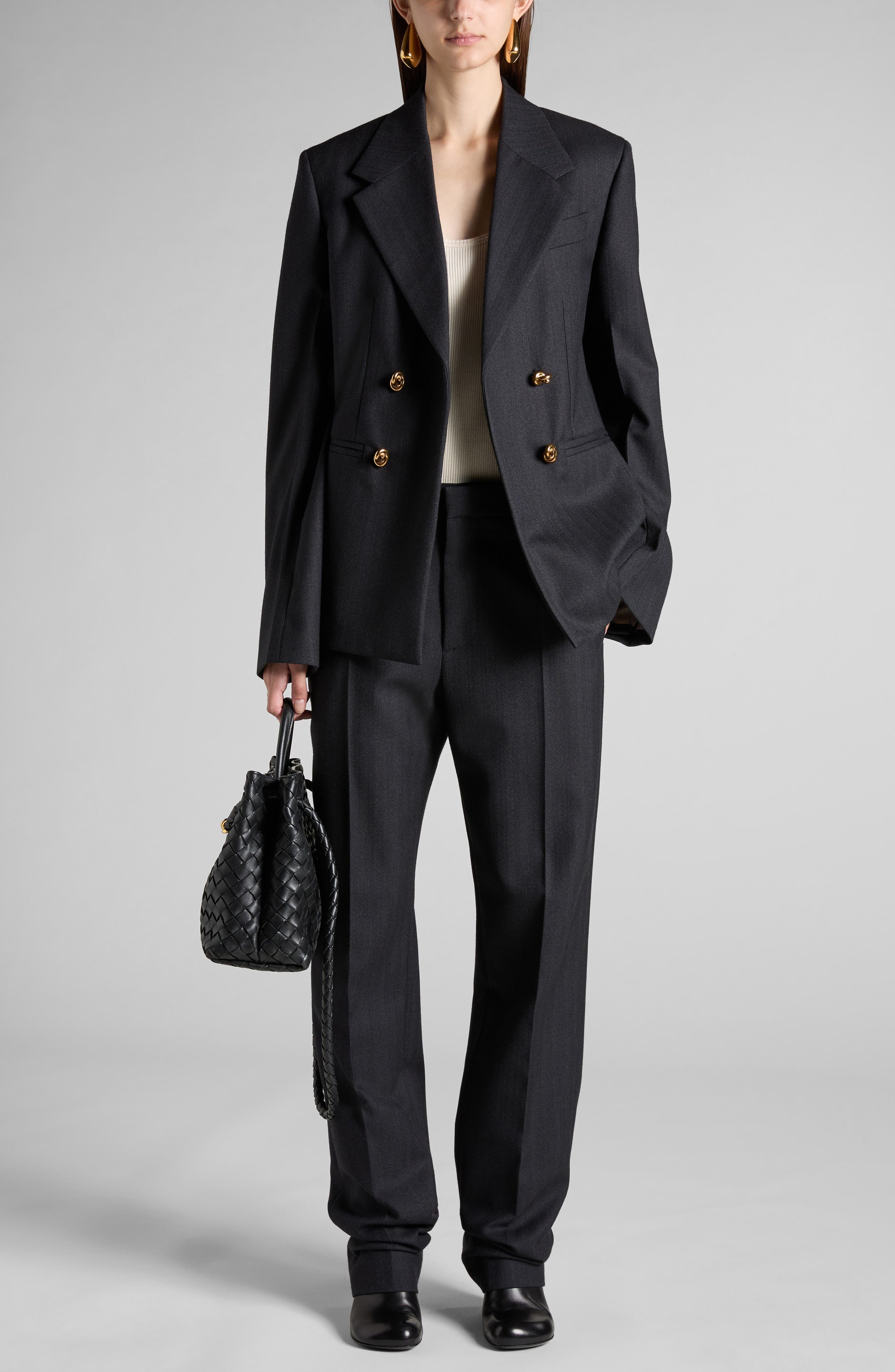 Bottega Veneta Stripe Wool Twill Straight Leg Pants in 1292 Black/Dark Blue at Nordstrom - 2