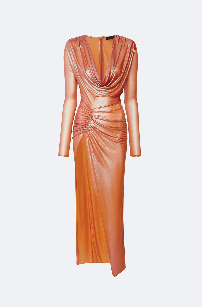 Iridescent Coated Jersey Cowl Neck Slit Gown 1