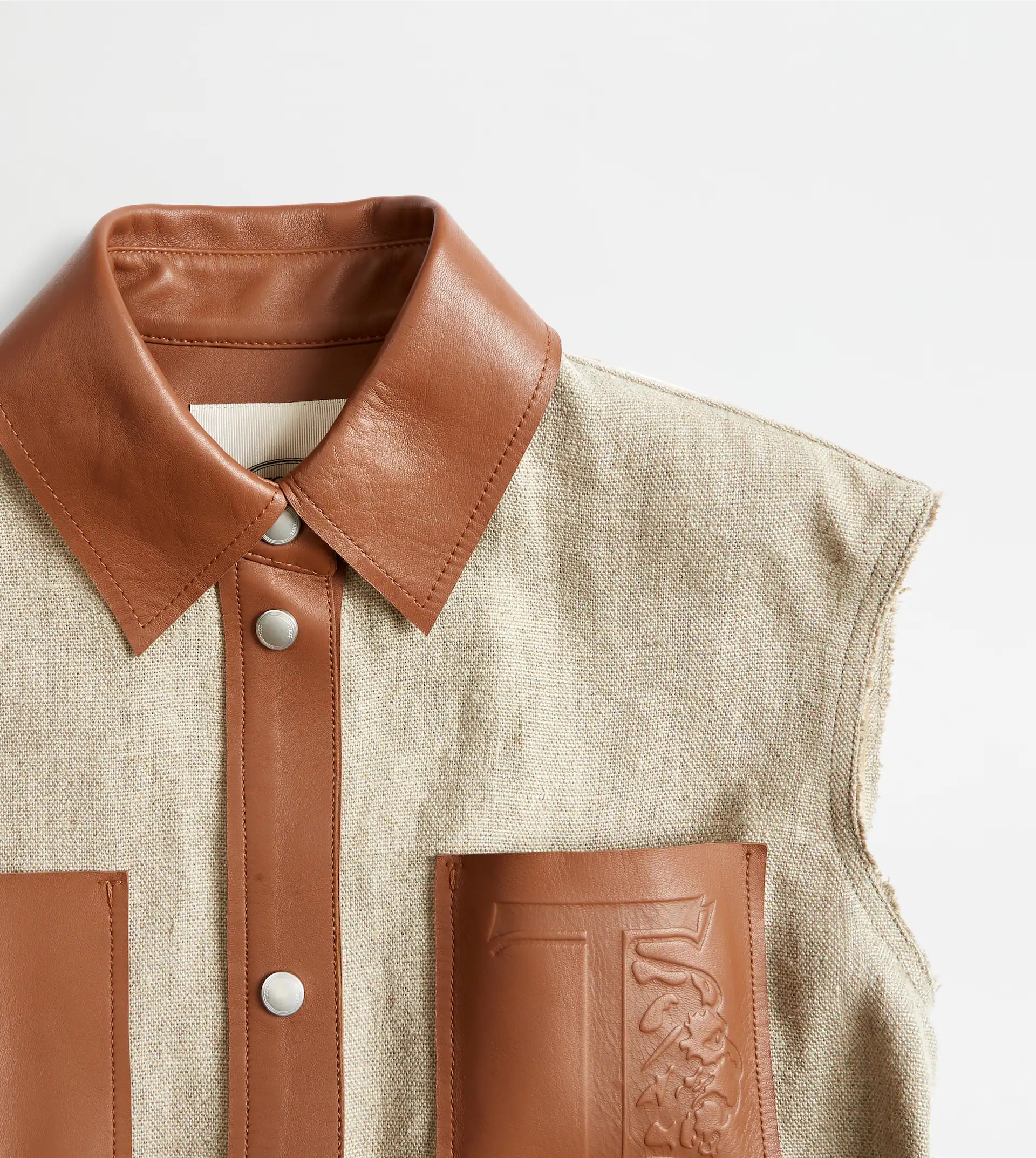 GILET IN LINEN AND LEATHER - BEIGE - 5