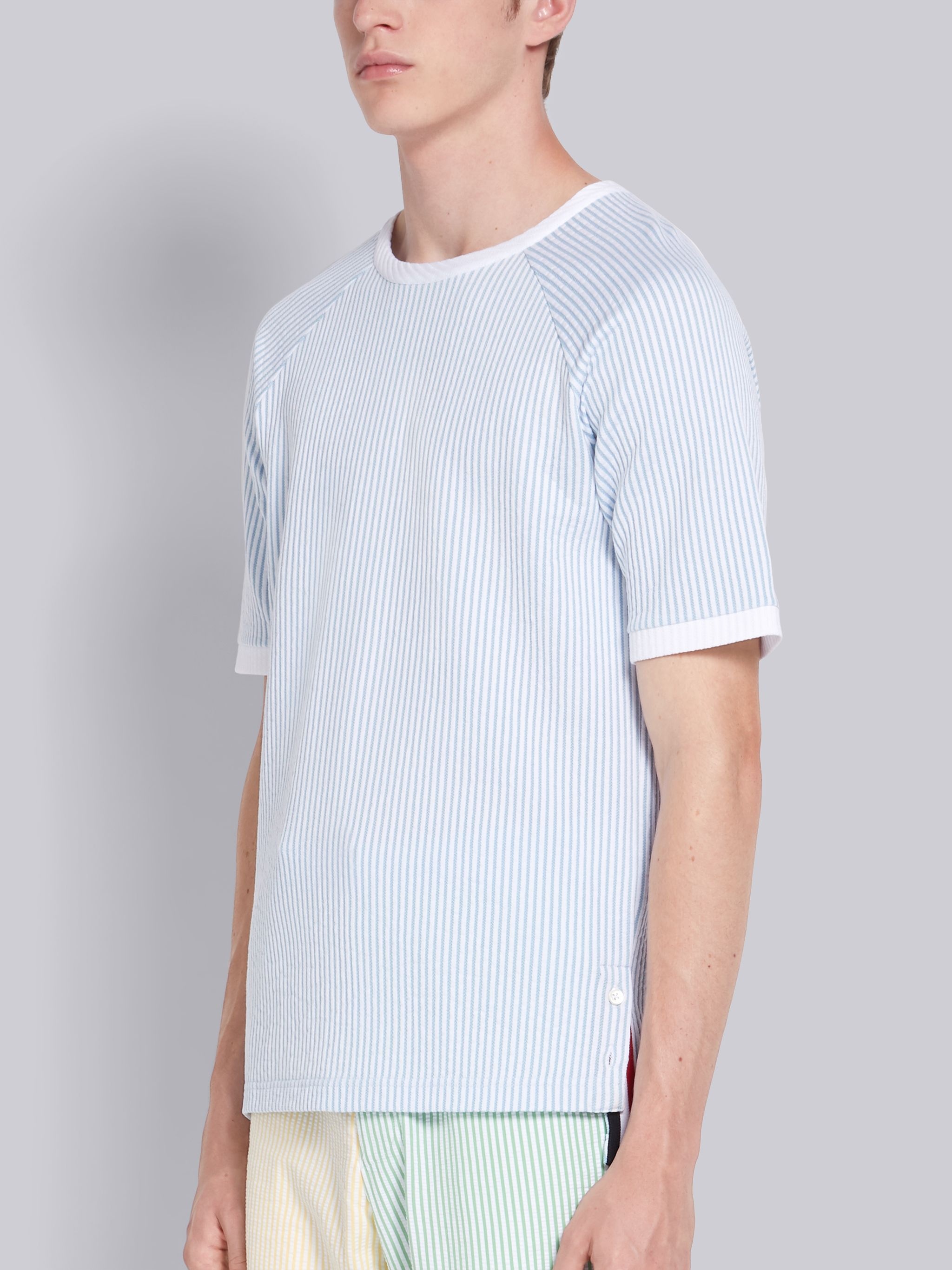 Medium Blue Seersucker Short Sleeve Ringer Tee - 2