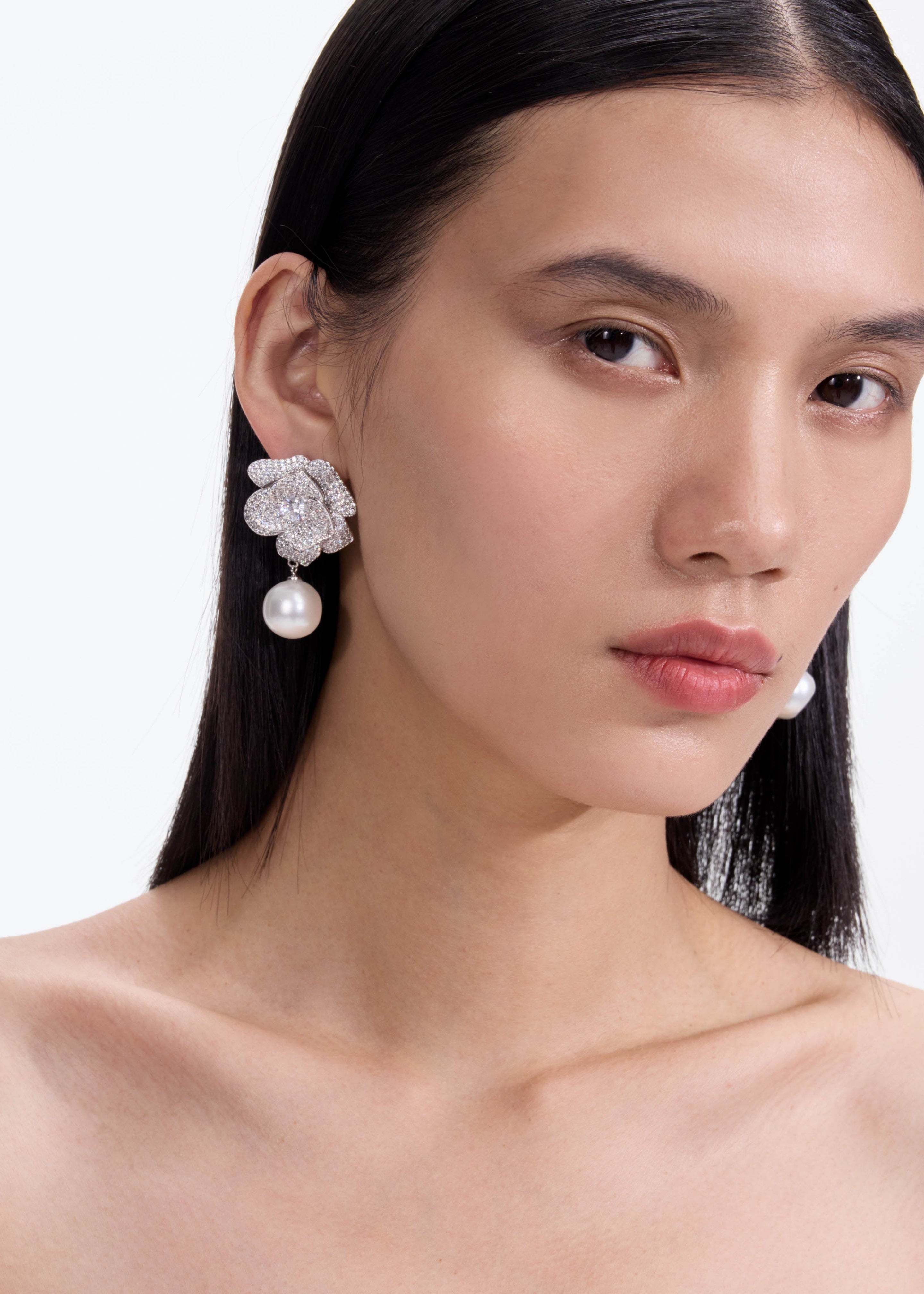 Crystal Flower Pearl Earrings - 3