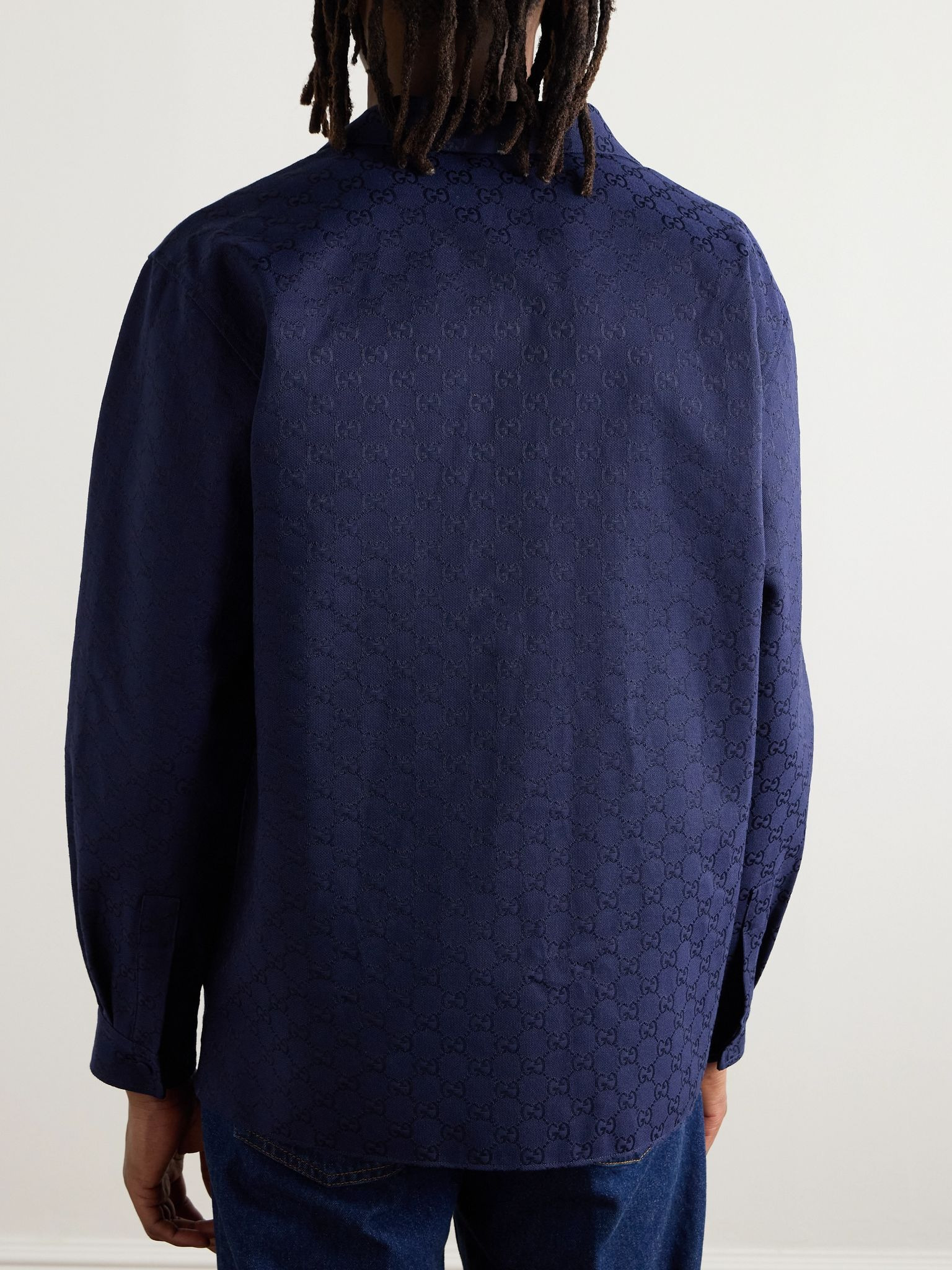 Camp-Collar Logo-Jacquard Cotton-Blend Canvas Shirt Blue - 3