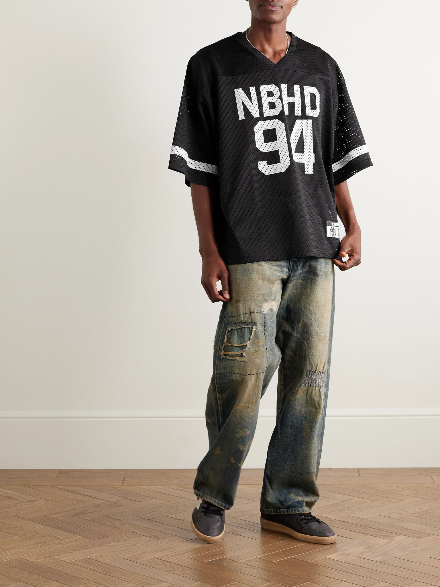 Logo-Print Appliquéd Mesh T-Shirt Black - 2