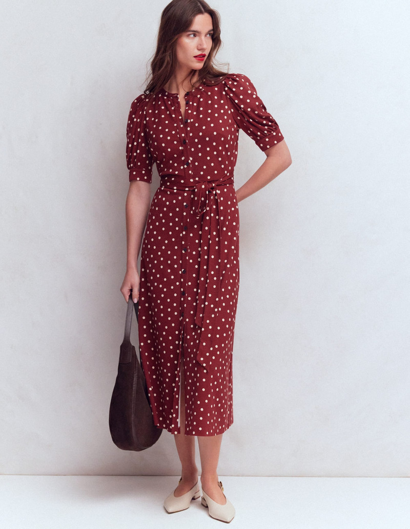 Puff Sleeve Ponte Shirt Dress-Red Pear, Painted Dot 6