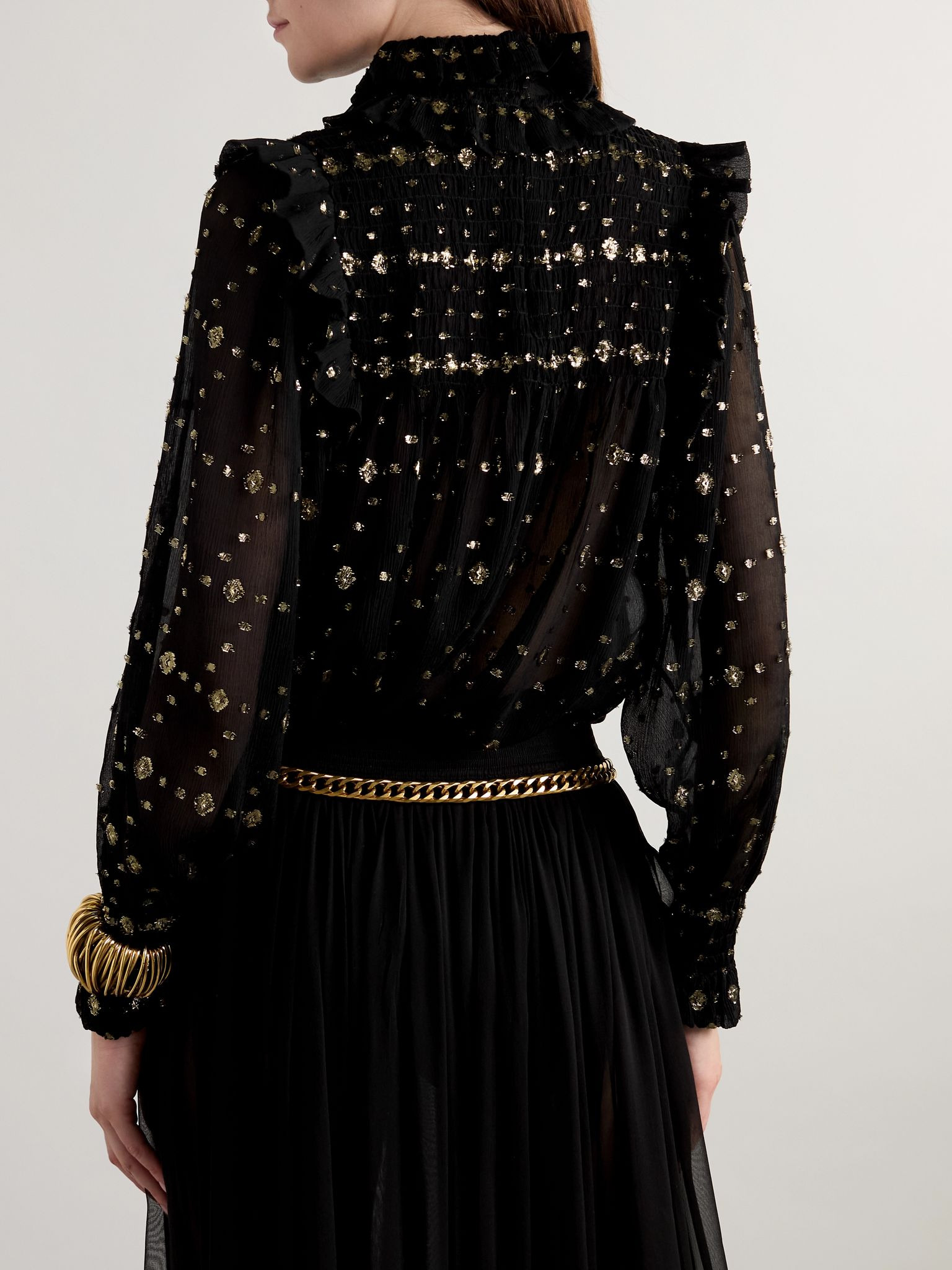 Ruffled shirred metallic silk-blend fil coupé crepon blouse Black - 3
