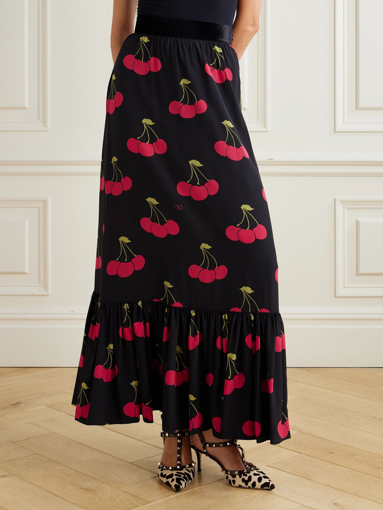Ruched velvet-trimmed printed silk-crepe maxi skirt Black - 3