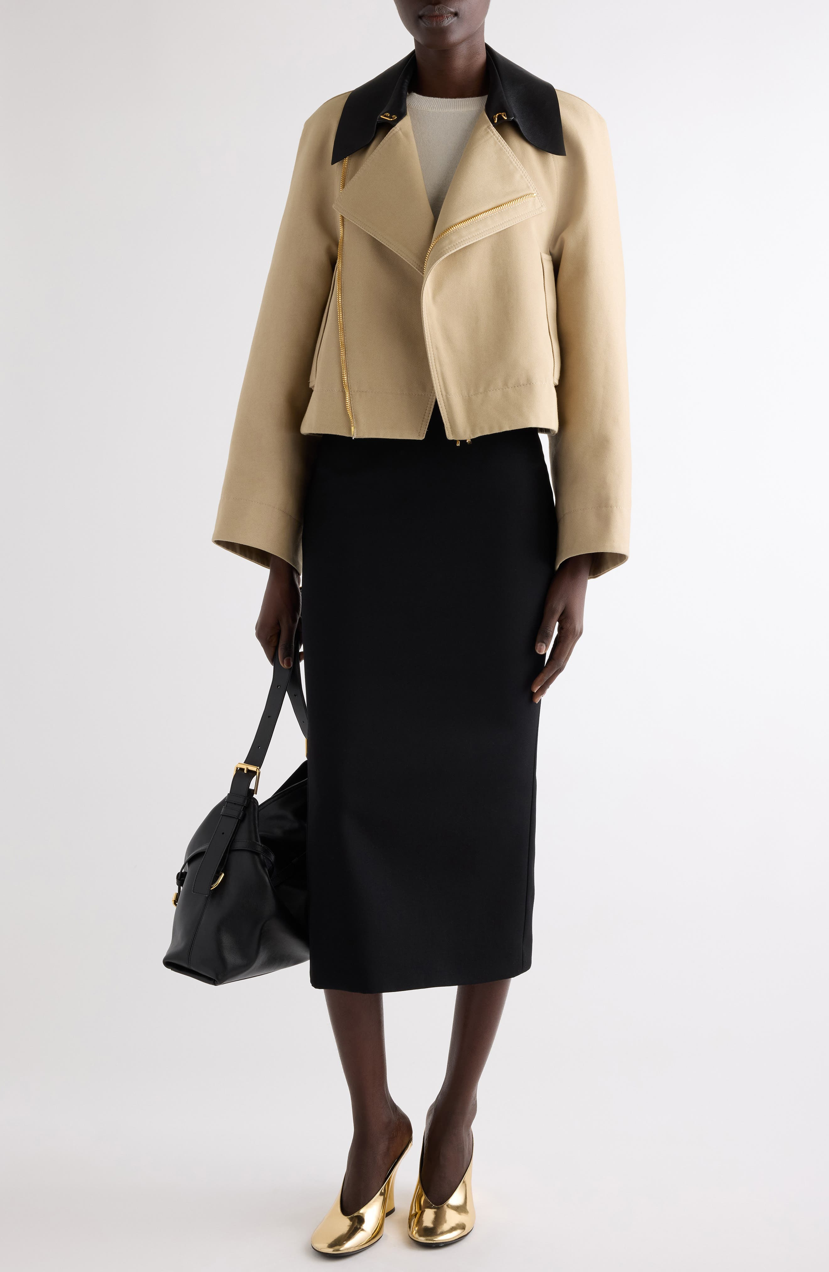 Givenchy Leather Collar Gabardine Crop Trench Jacket in Beige at Nordstrom - 2