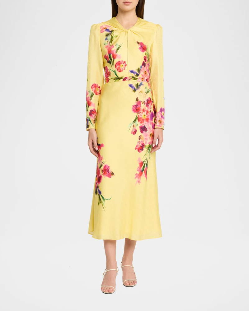 SALONI Claudia Floral Silk Long-Sleeve Fluted Midi Dress outlook