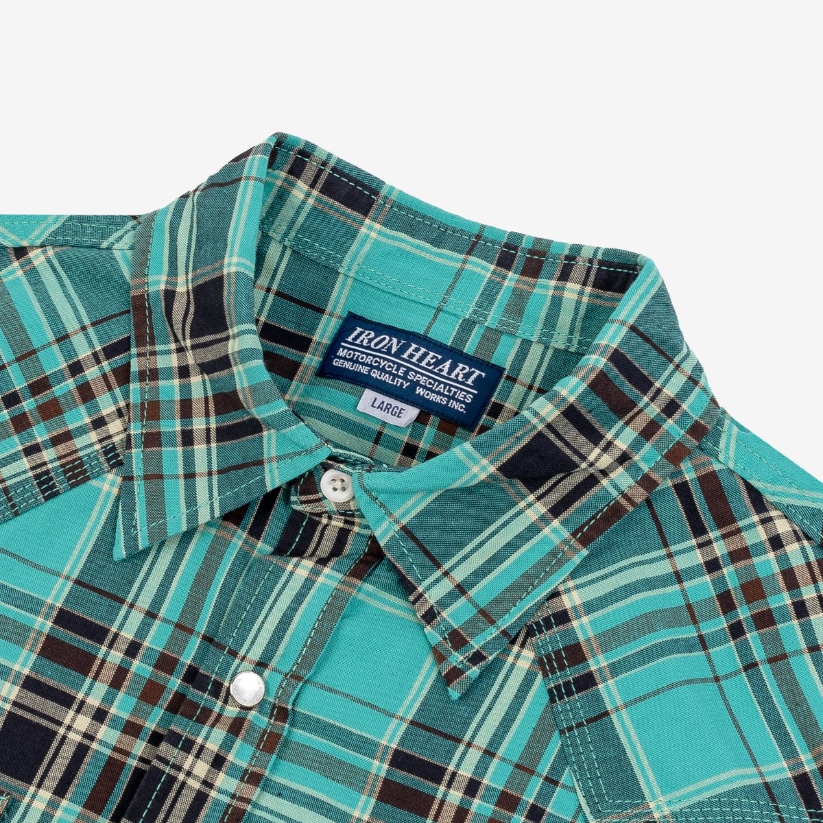 IHSH-359-GRN 5oz Selvedge Madras Check Short Sleeved Western Shirt - Green - 6
