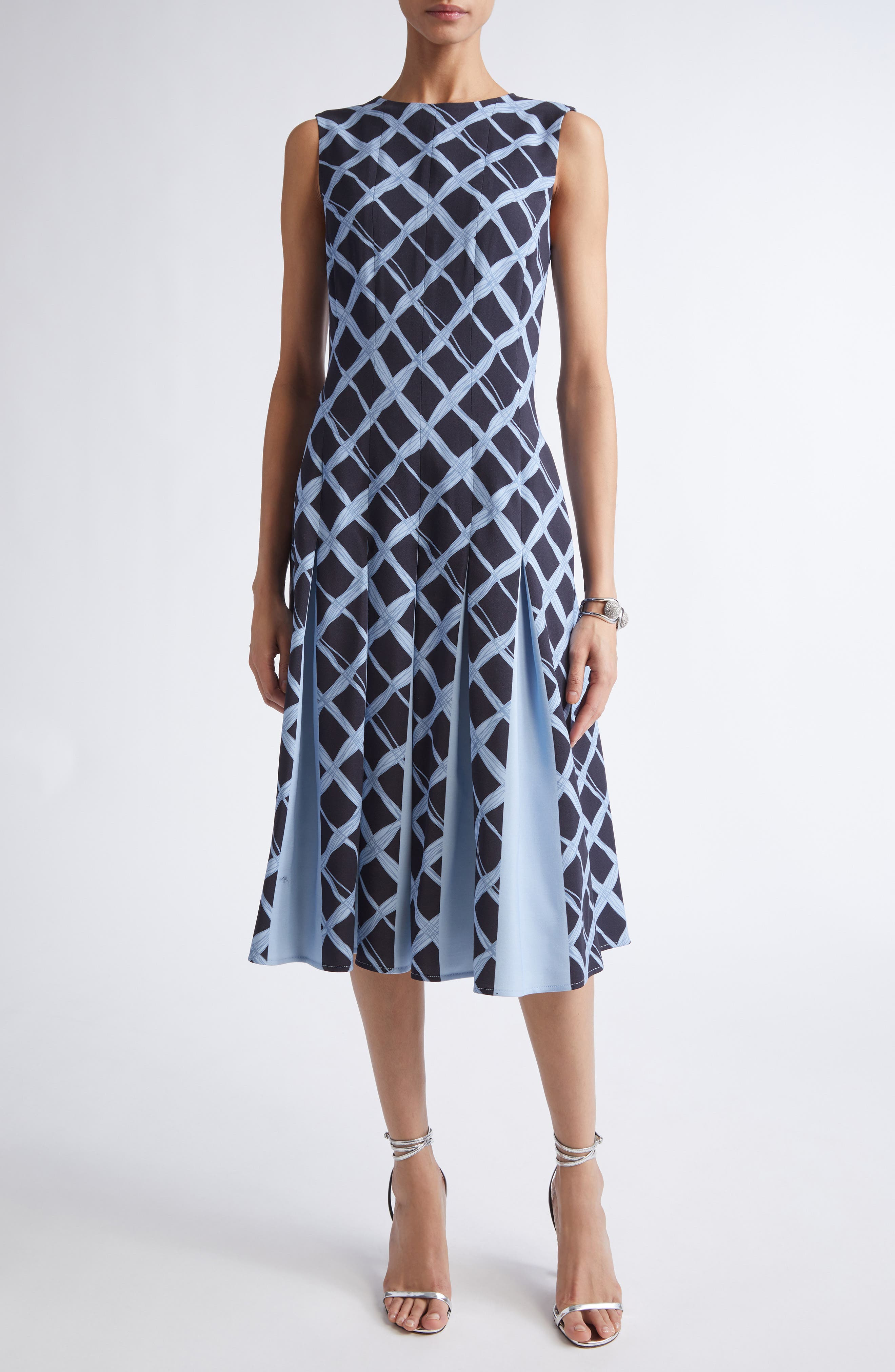Oscar de la Renta Wavy Plaid Pleated Wool Blend Dress in Navy/Blue at Nordstrom - 1