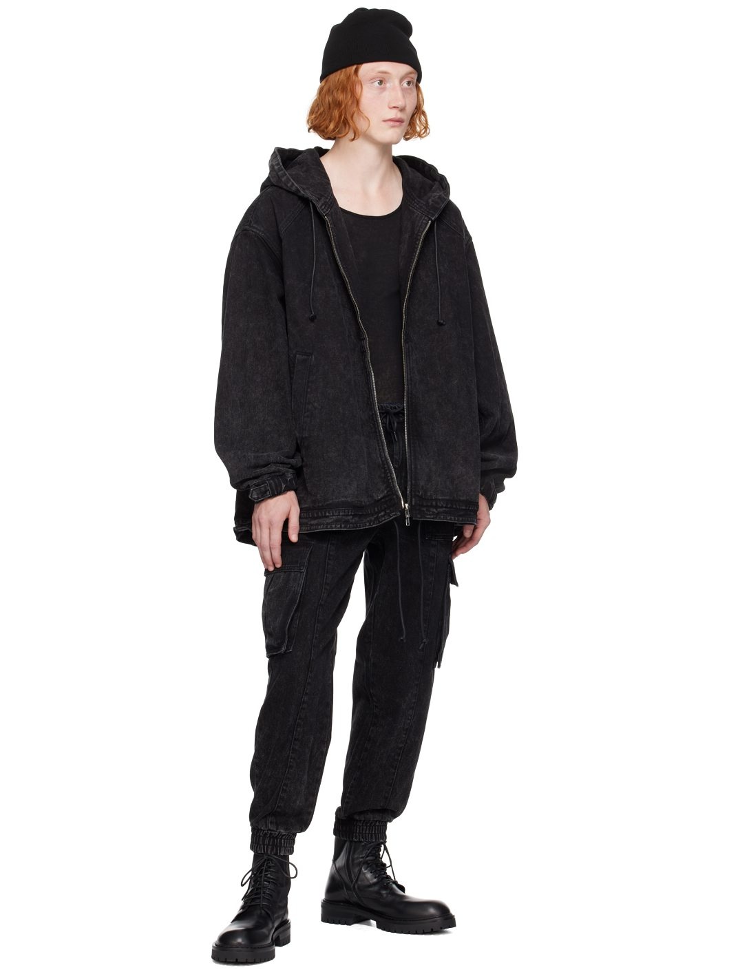 Black Faded Denim Cargo Pants - 4