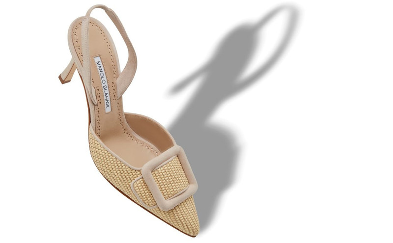 Manolo Blahnik Beige Raffia Buckle Detail Slingback Pumps outlook