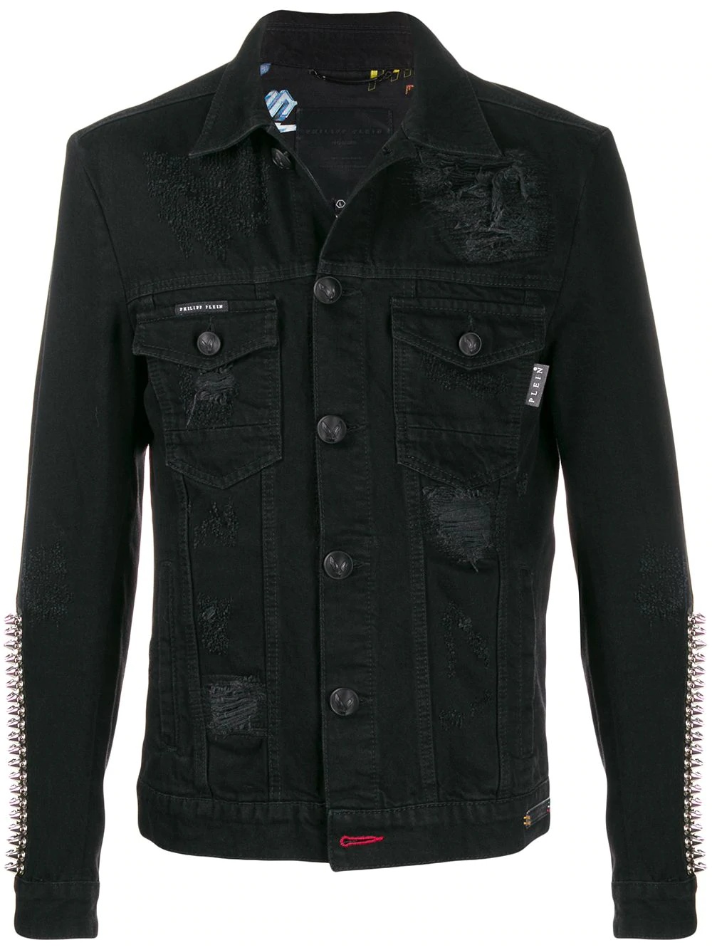 studded sleeve distressed denim jacket - 1