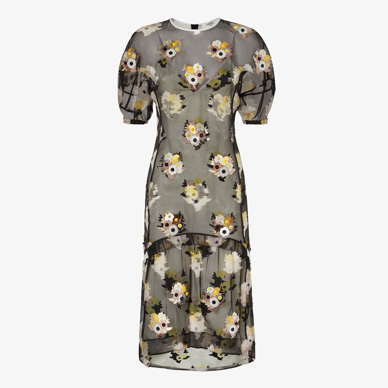 Dress Black printed organza dress with appliqués 1