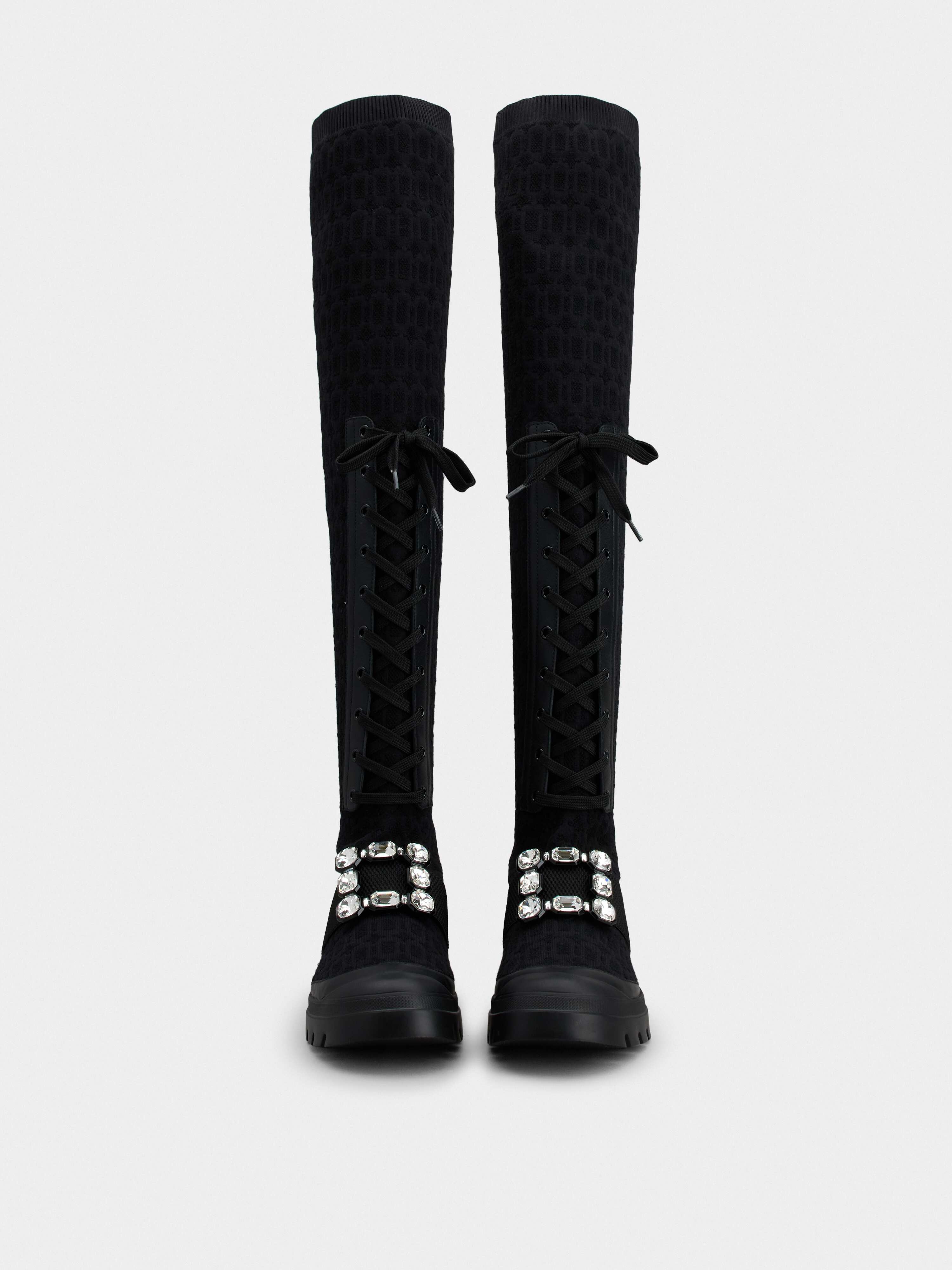 Walky Viv' Strass Buckle Socks Boots in Fabric and Leather - 4