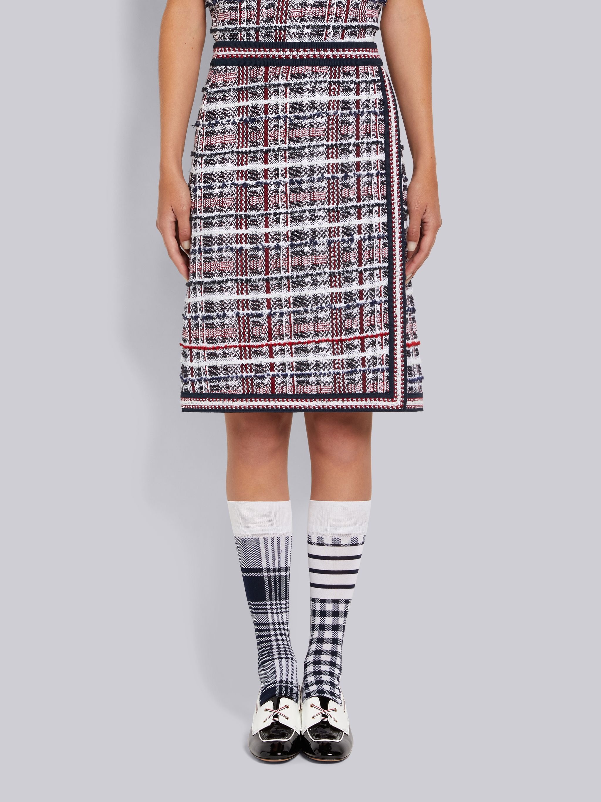 Multicolor Hairline Madras Check Jacquard Stripe Inlay A-line Knee Length Skirt - 1