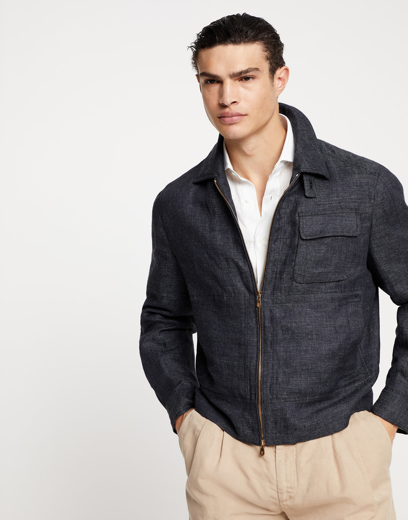 Denim-effect linen outerwear jacket with chest pocket 1