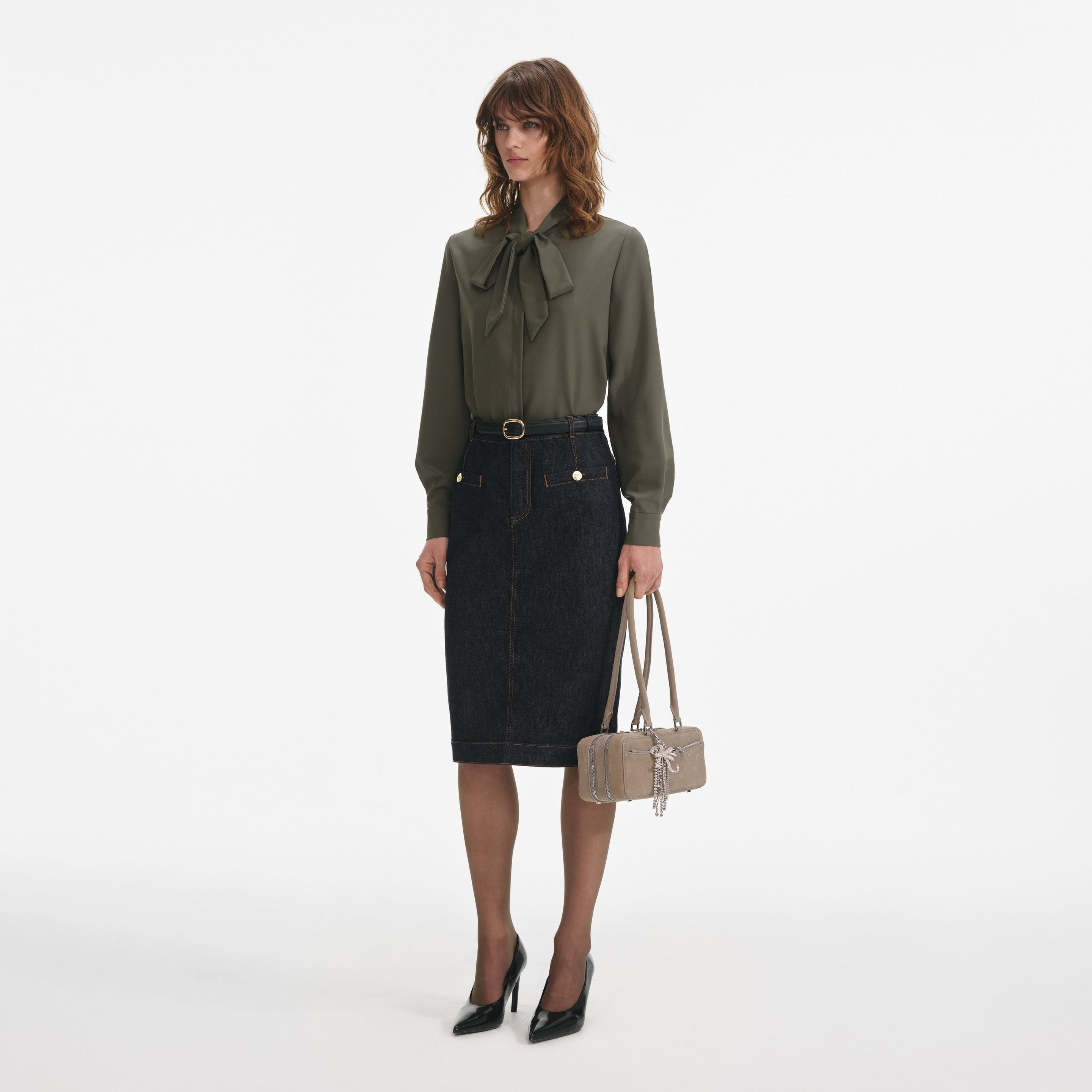Khaki Twill Pussy Bow Blouse - 2
