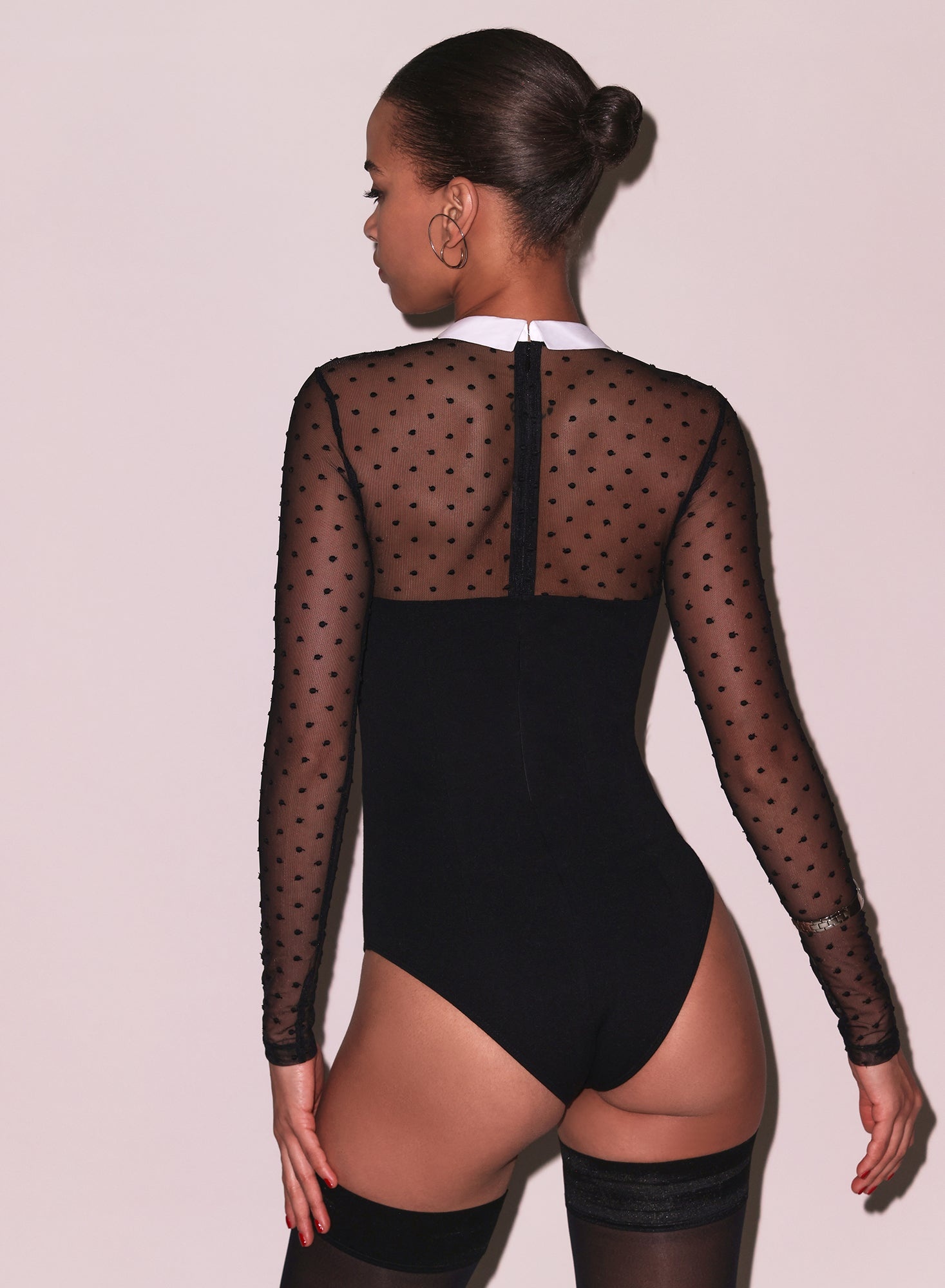 Collared Bodysuit with Dotted Tulle - 3