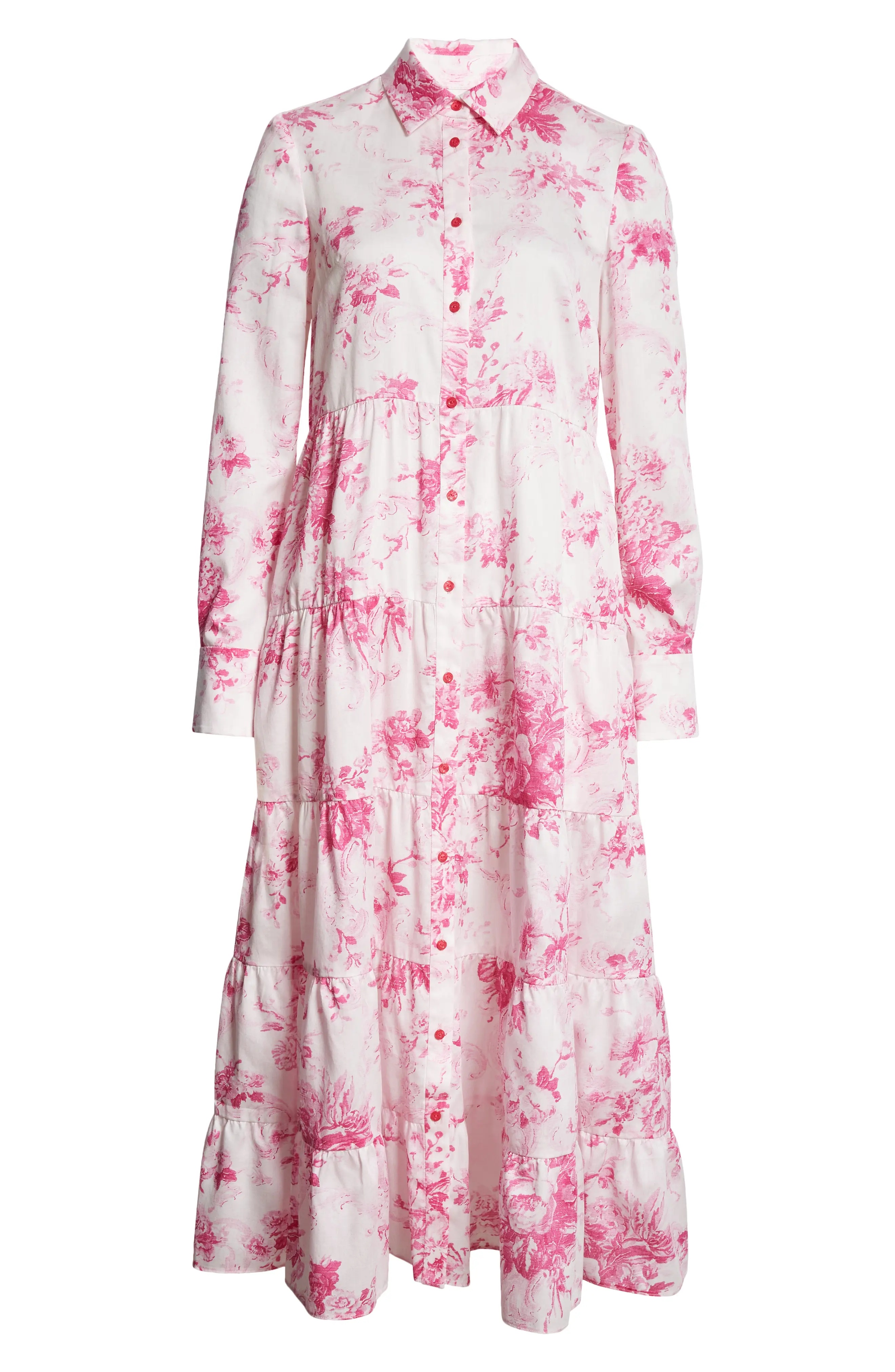 Floral Print Long Sleeve Tiered Shirtdress - 5