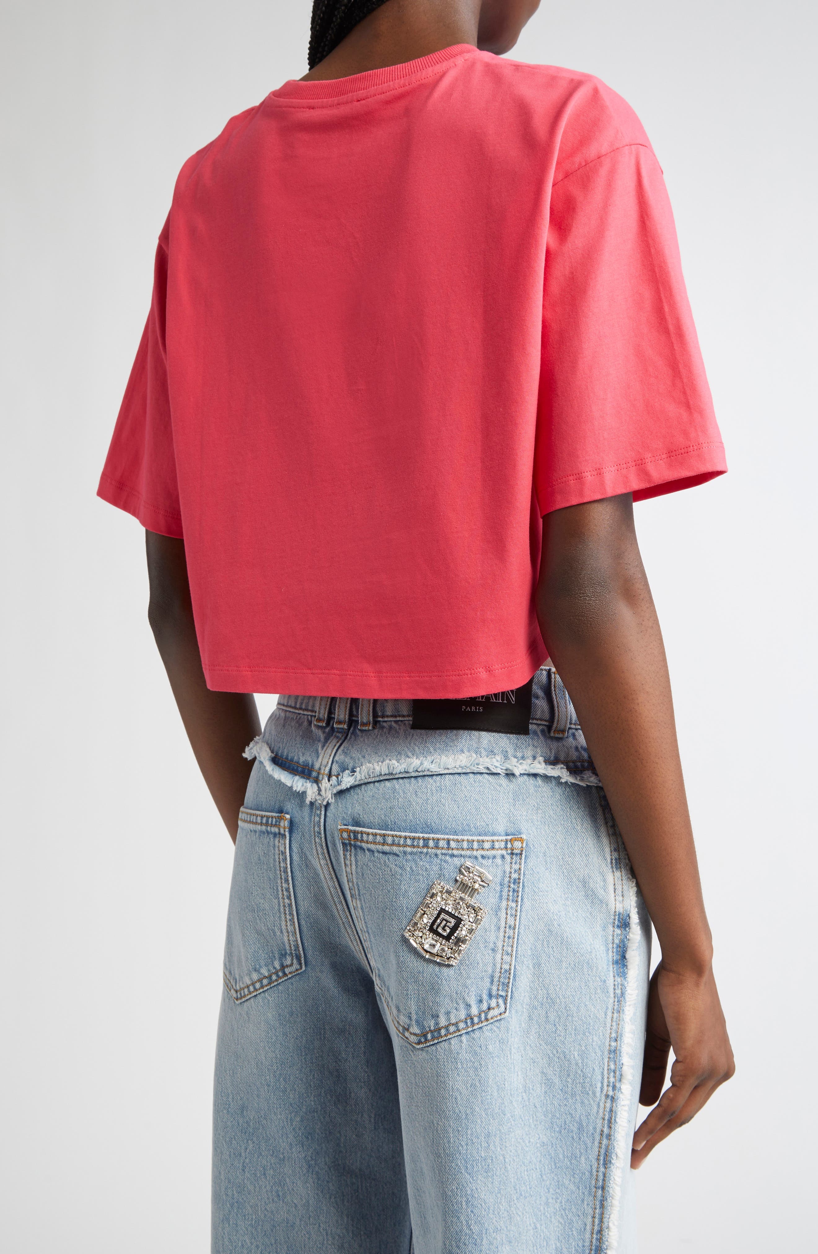 Balmain Baseball Logo Crop Graphic T-Shirt in Fuschia/Multi at Nordstrom - 3