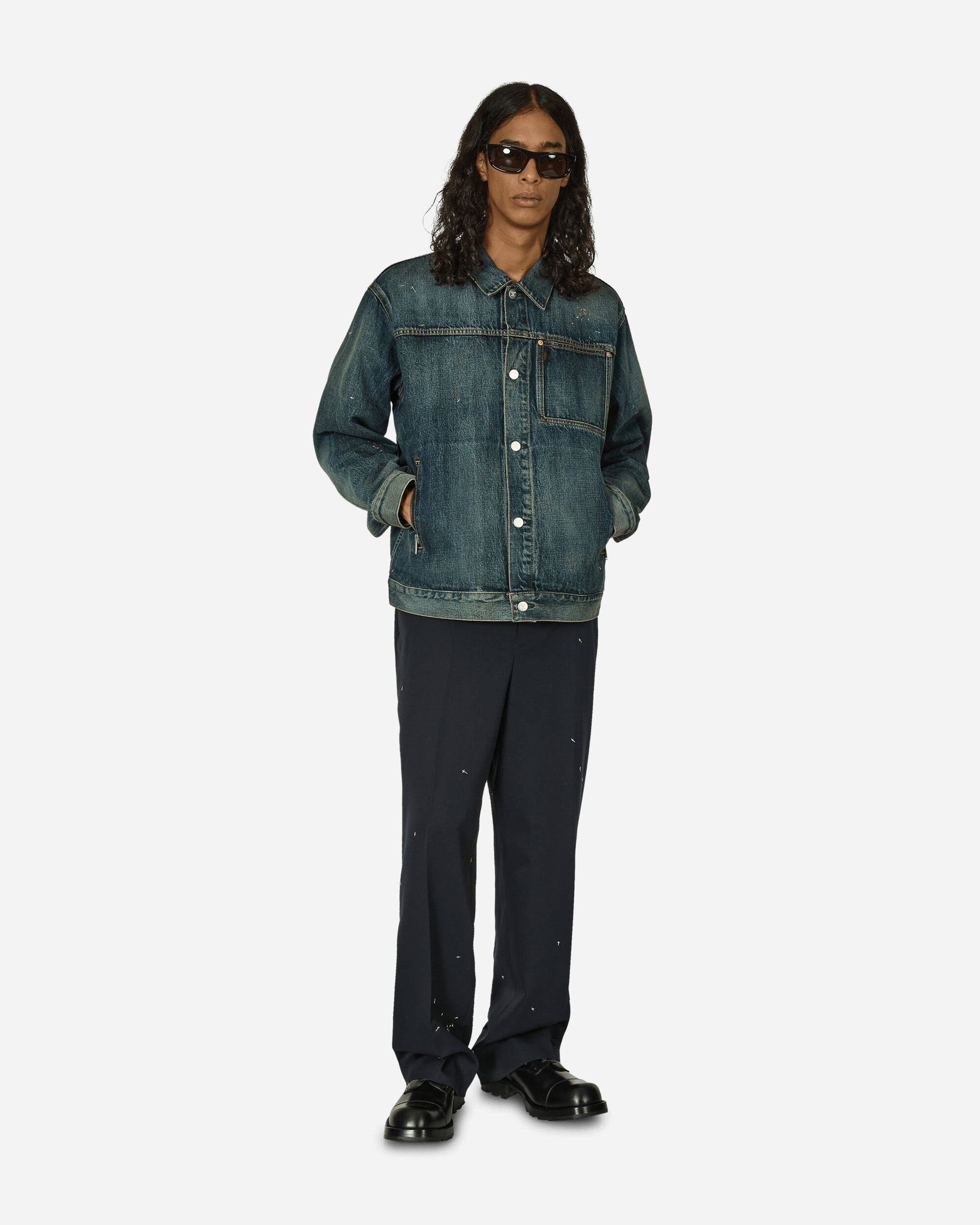 Cross Embroidery Distressed Denim Jacket Light Blue Indigo - 4