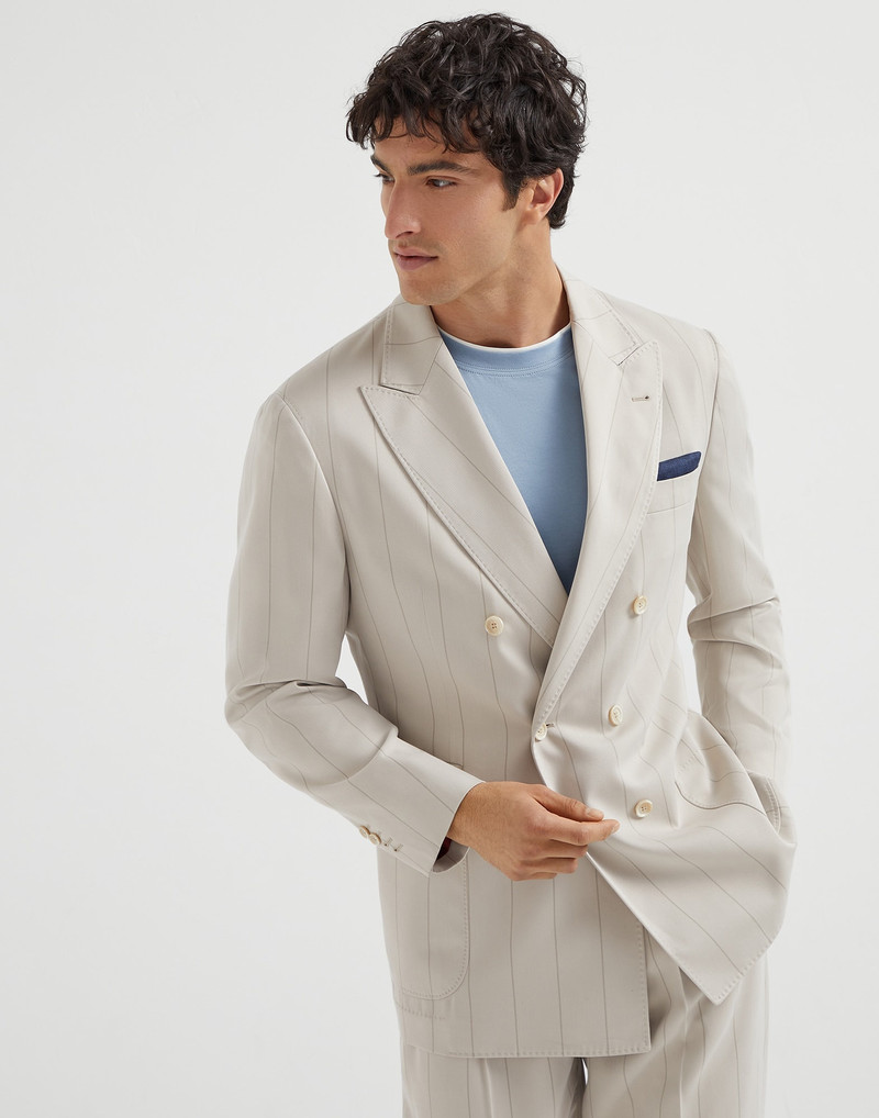 Silk wide chalk stripe twill one-and-a-half breasted deconstructed blazer with patch pockets 1