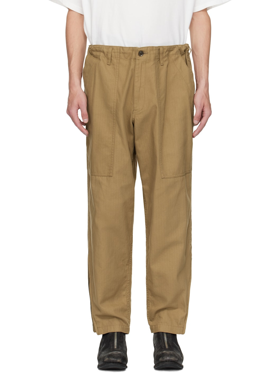 Beige BS Herringbone Hem Zip Painter Trousers - 1