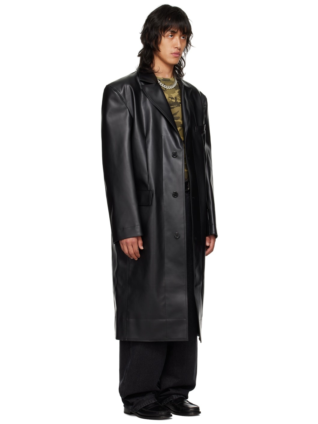 Black Notched Lapel Faux-Leather Coat - 2