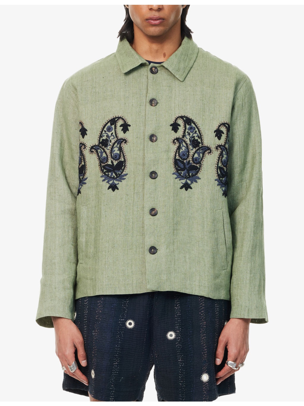 Embroidered Cropped Linen Jacket - 3