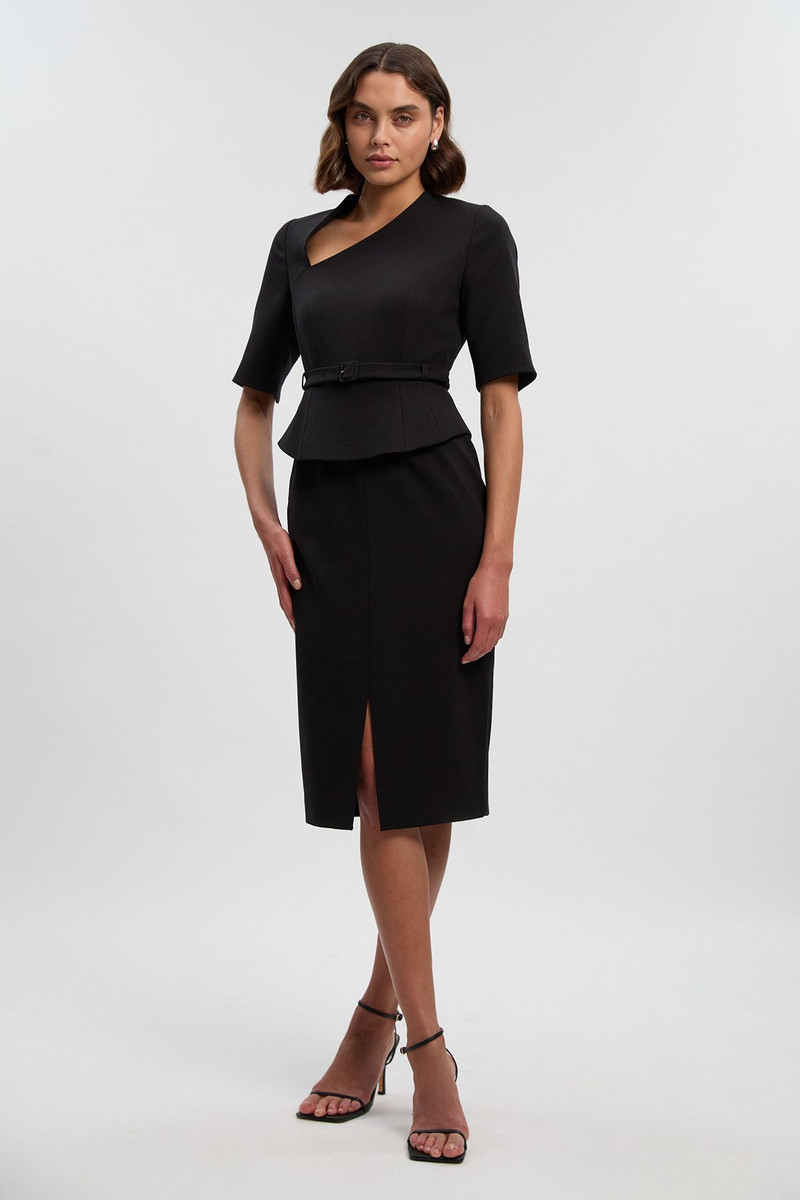 Structured Crepe Forever Asymmetric Neck Belted Pencil Midi Dress 1