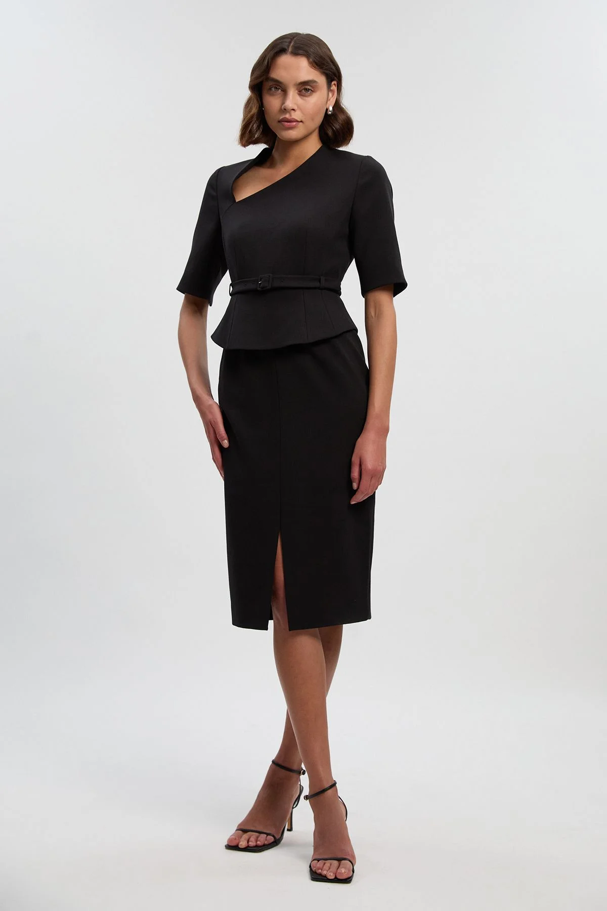 Structured Crepe Forever Asymmetric Neck Belted Pencil Midi Dress - 1
