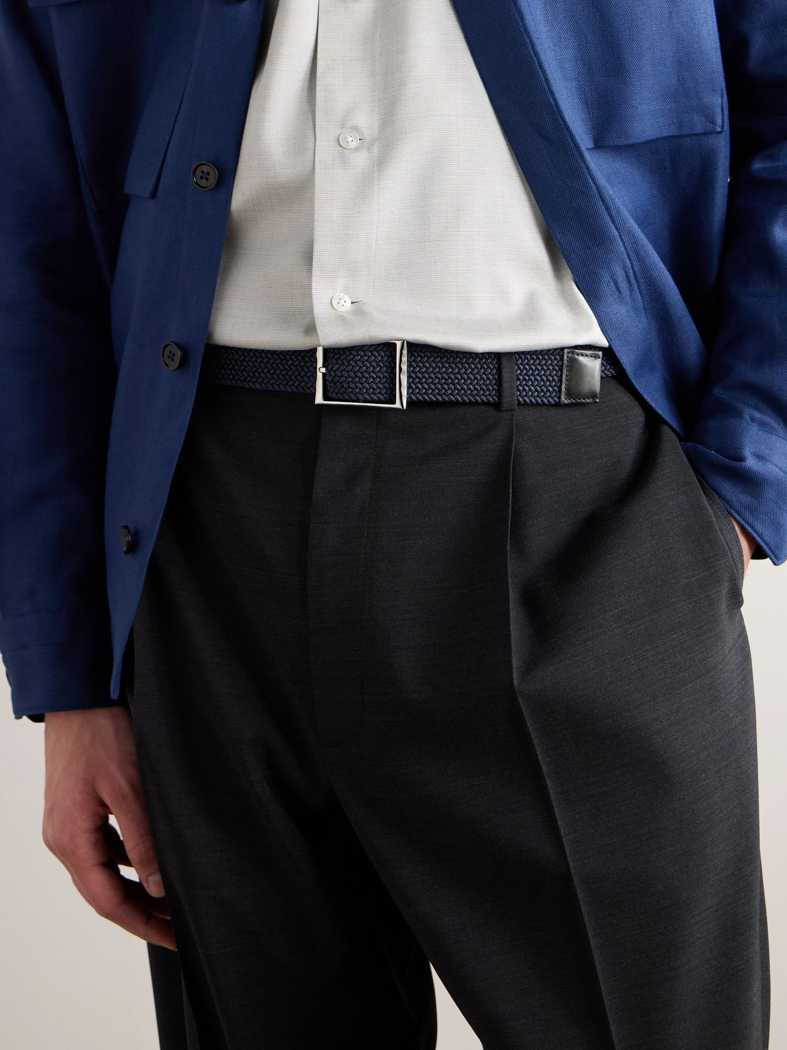 3.5cm Venezia Leather-Trimmed Woven Cord Belt Navy - 3