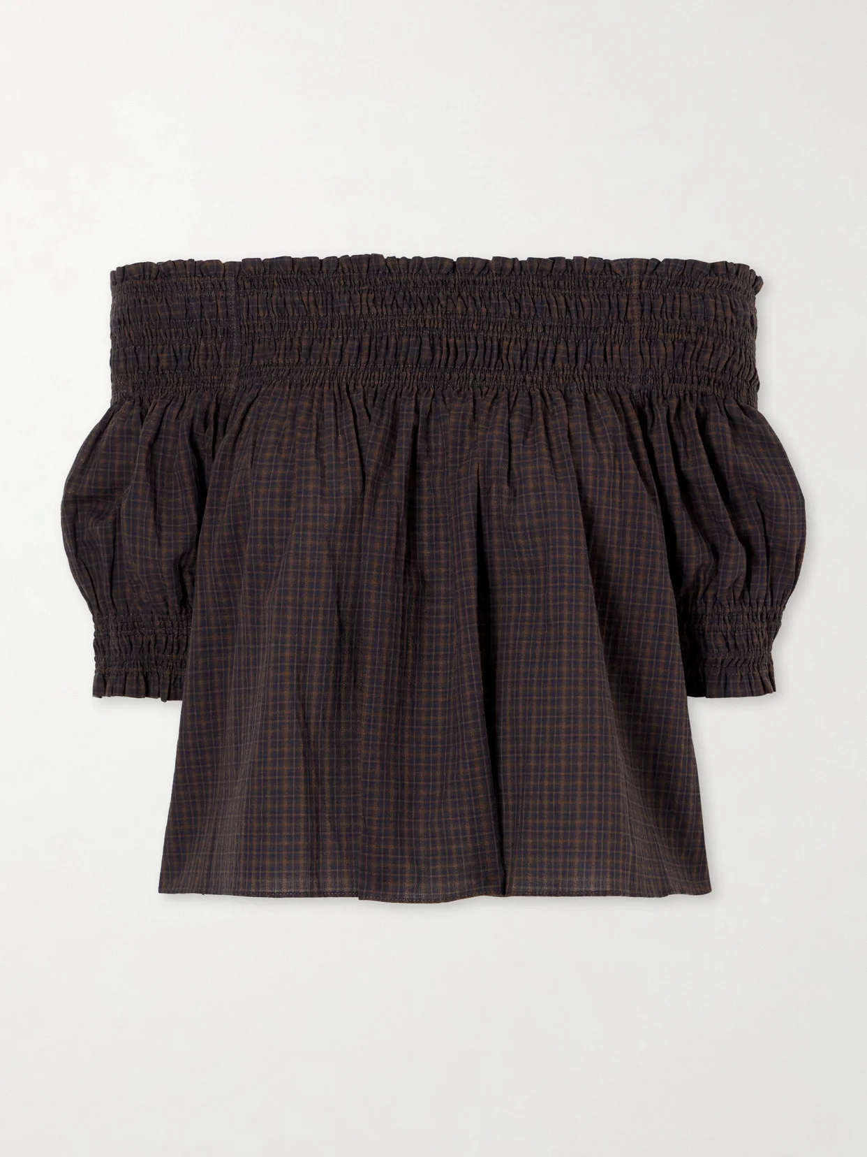 Shirred Off-the-shoulder Checked Cotton Blouse - 1