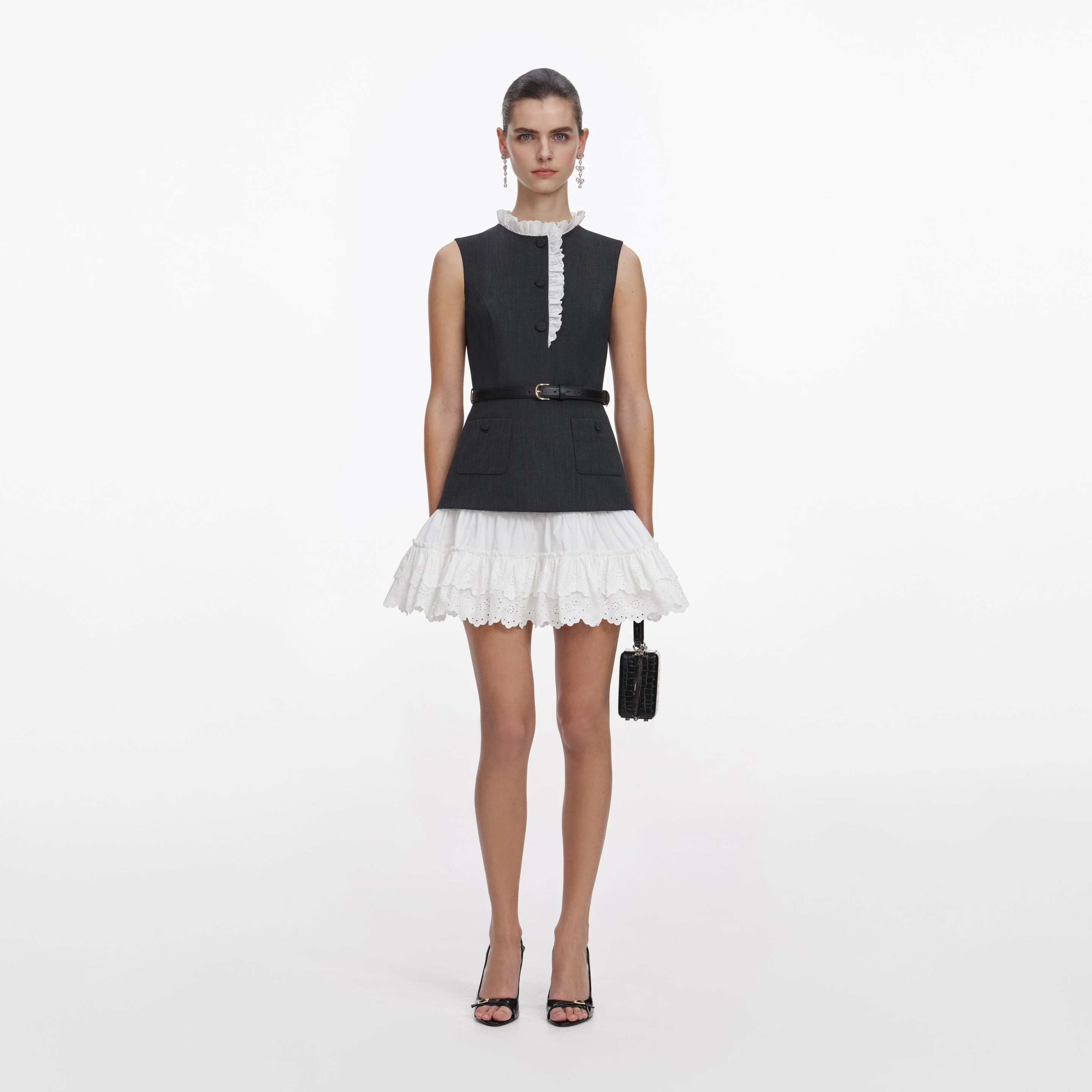 Grey Tailored Cotton Frill Mini Dress - 1