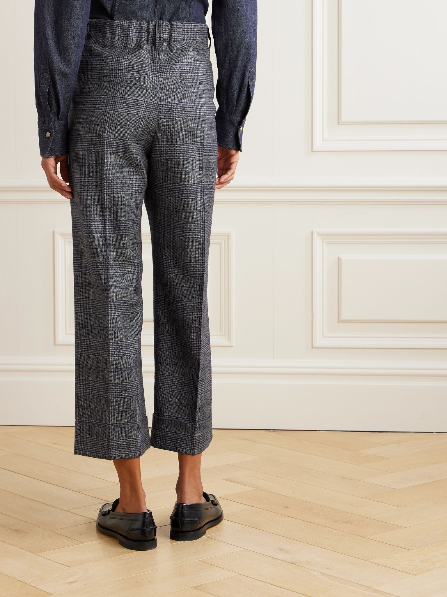Cropped bead-embellished pleated Prince of Wales checked wool wide-leg pants Gray - 4