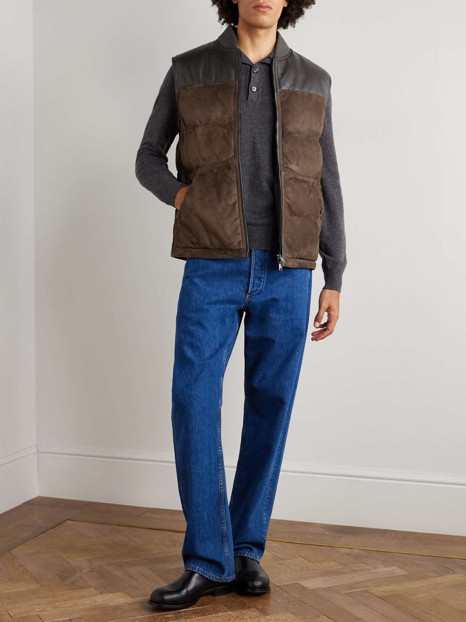 Leather-Trimmed Padded Quilted Suede Gilet - 2